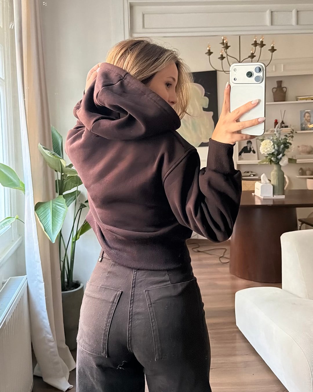 Kapüşonlu Fermuarlı Crop Kahverengi Sweatshirt
