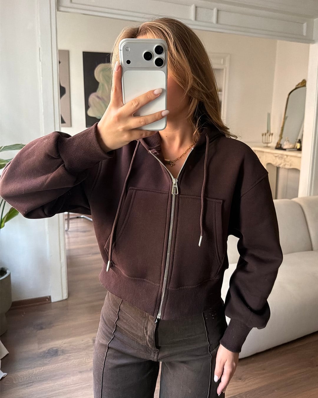 Kapüşonlu Fermuarlı Crop Kahverengi Sweatshirt