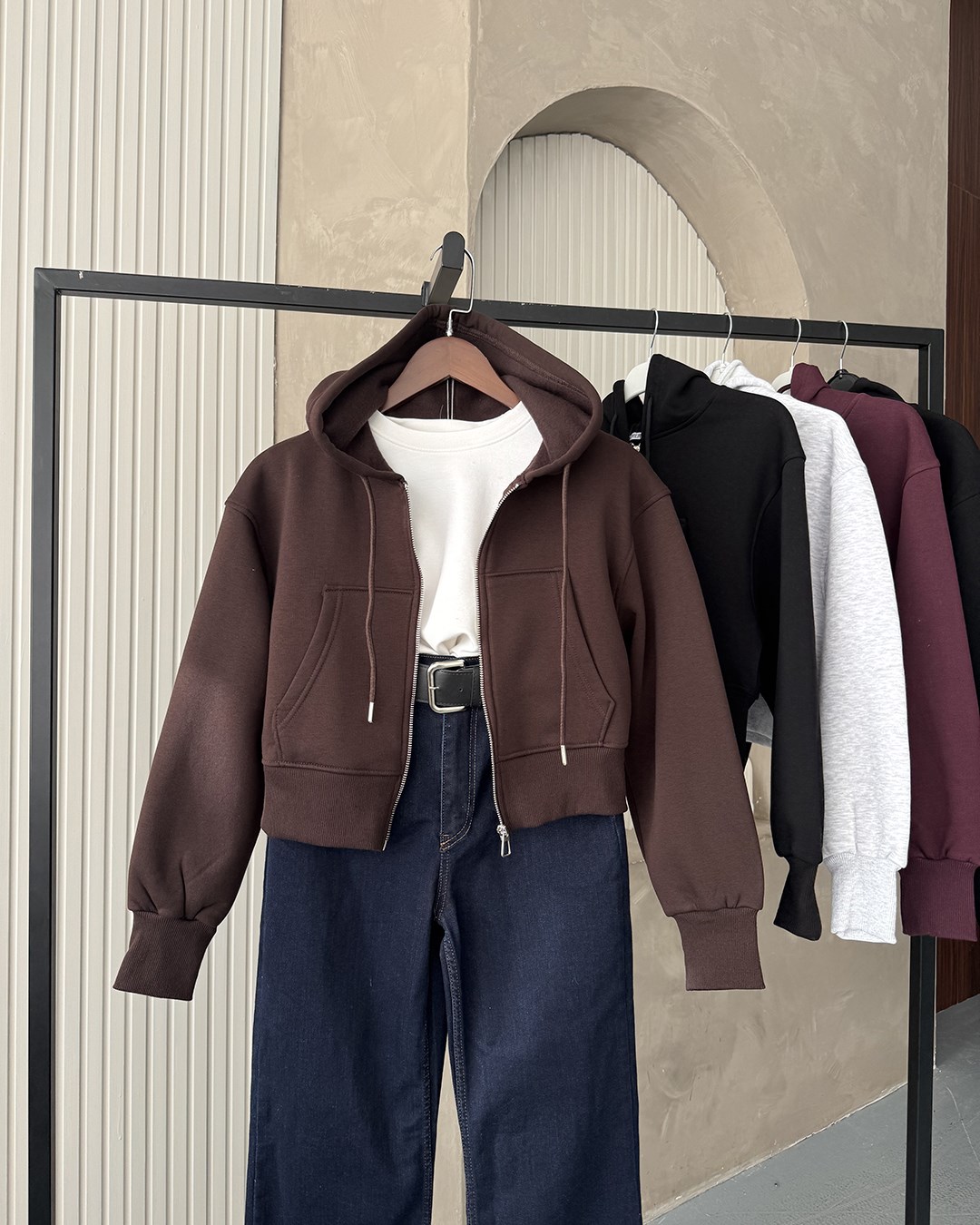 Kapüşonlu Fermuarlı Crop Kahverengi Sweatshirt