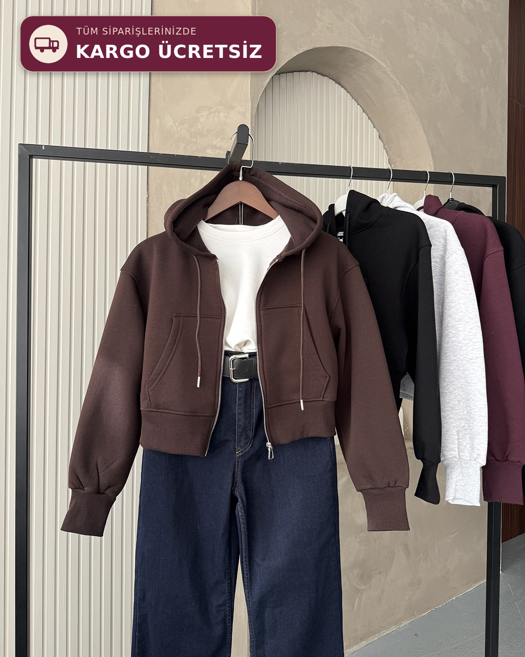 Kapüşonlu Fermuarlı Crop Kahverengi Sweatshirt