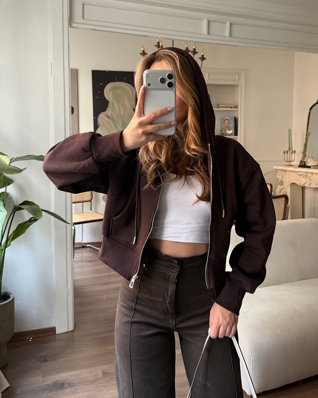 Kapüşonlu Fermuarlı Crop Kahverengi Sweatshirt