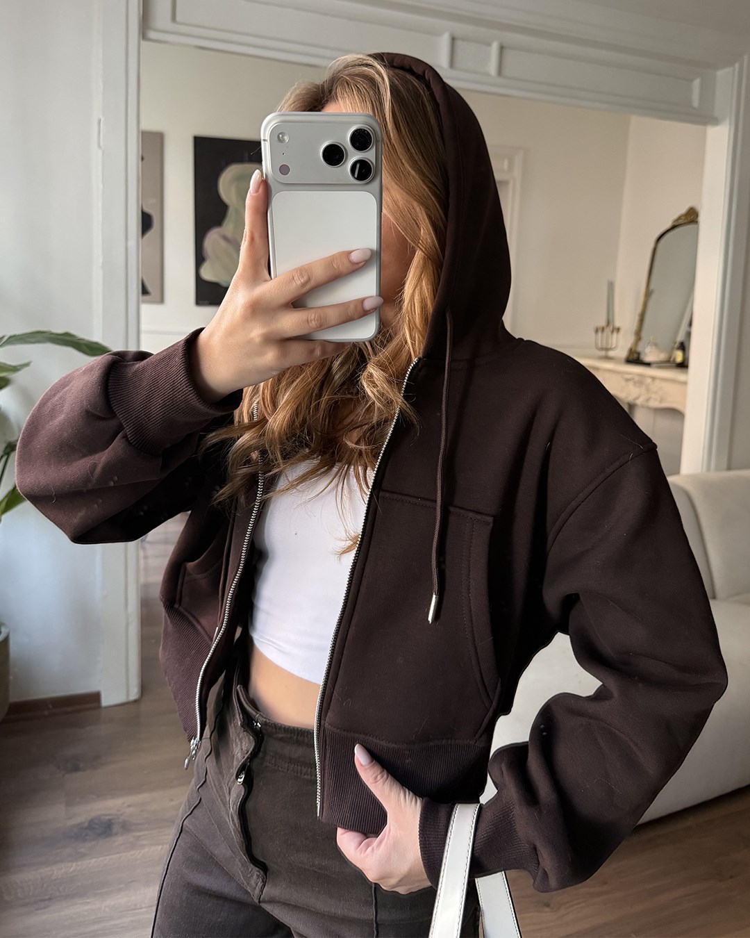 Kapüşonlu Fermuarlı Crop Kahverengi Sweatshirt