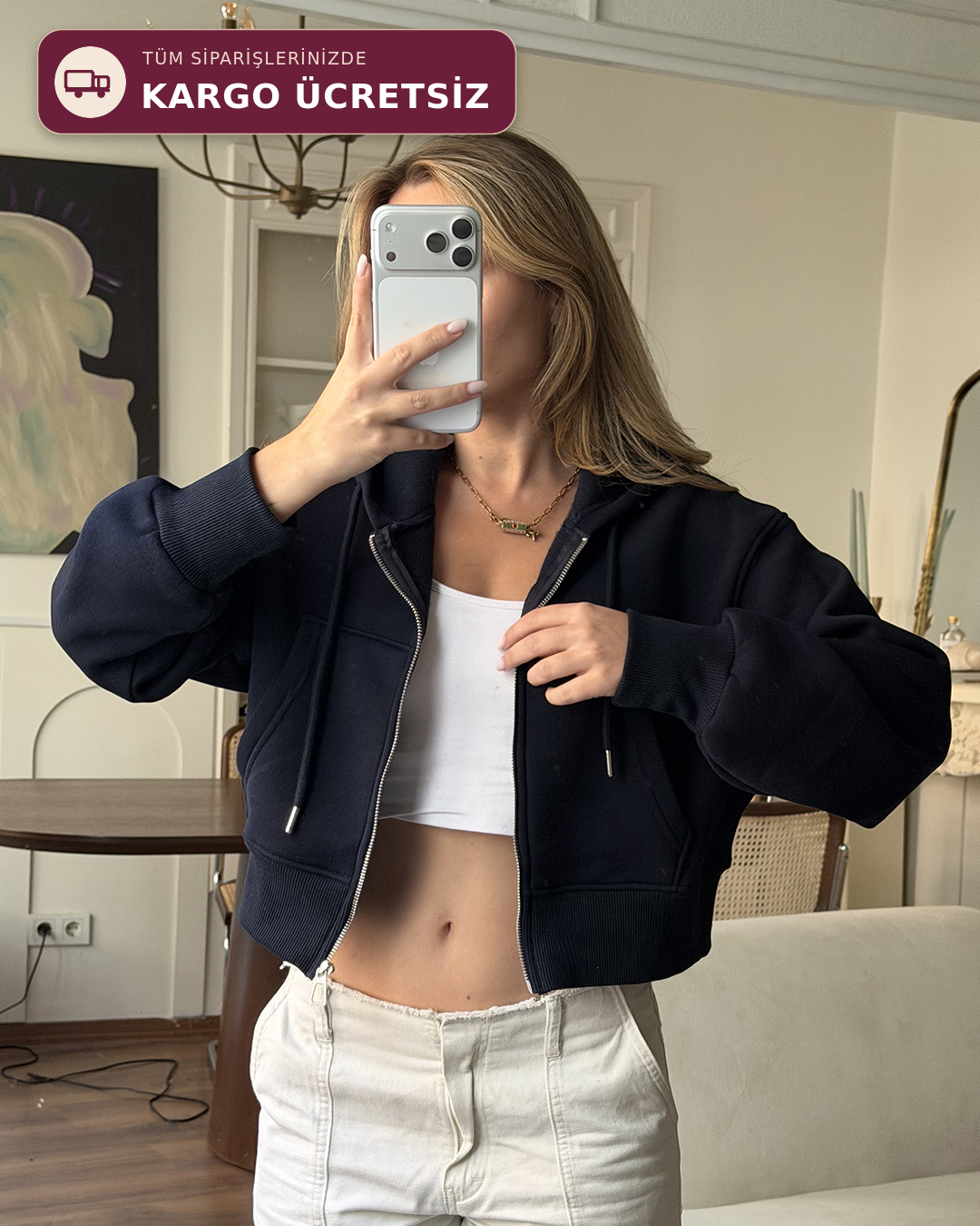 Kapüşonlu Fermuarlı Crop Lacivert Sweatshirt