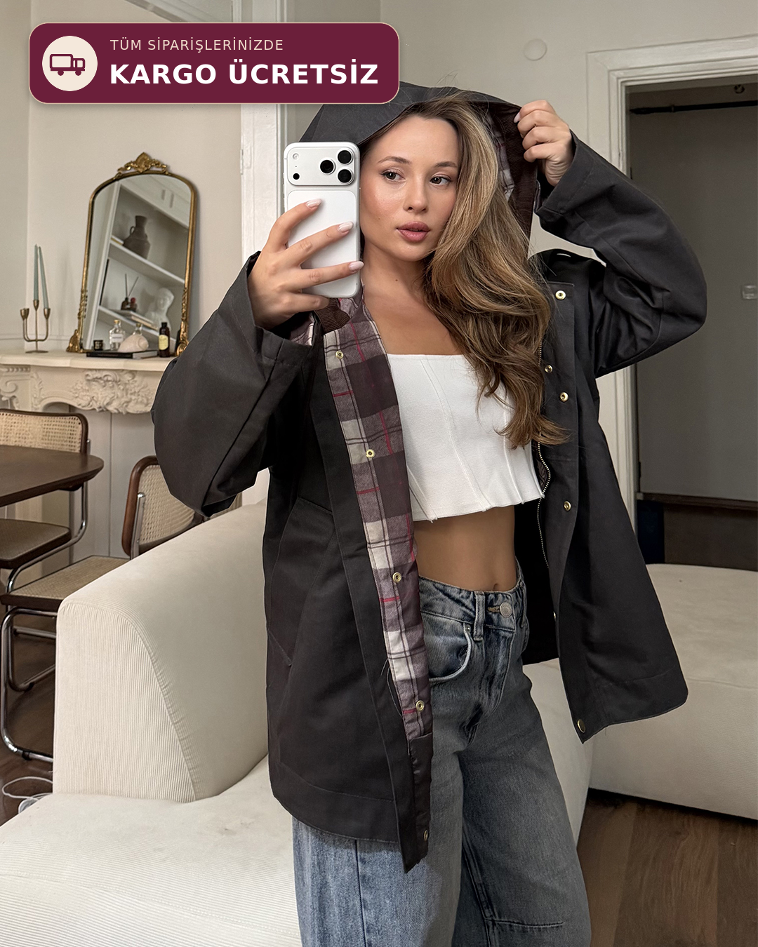 Kapüşonlu Oversize Siyah Parka