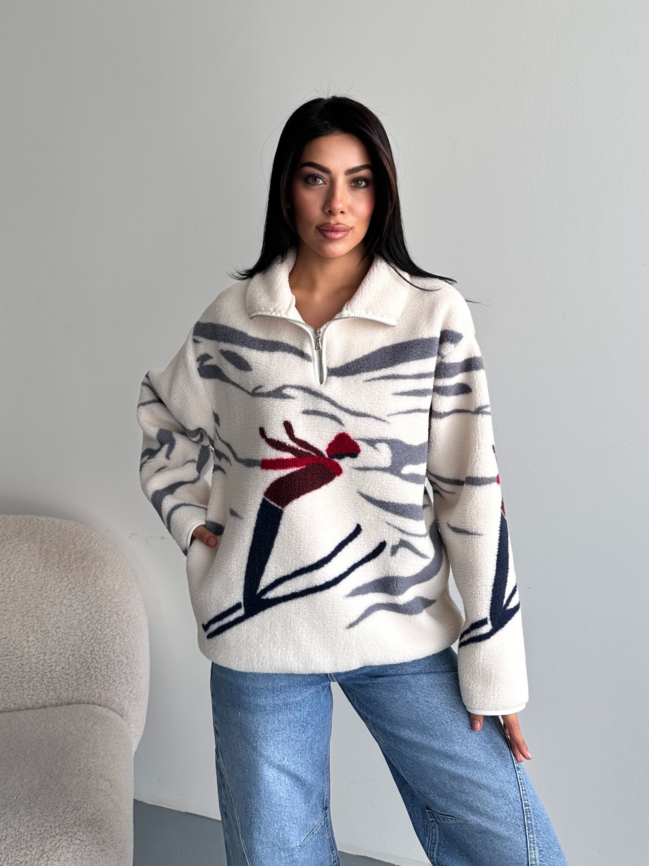 Kayak Desenli Yarım Fermuarlı Polar Sweatshirt