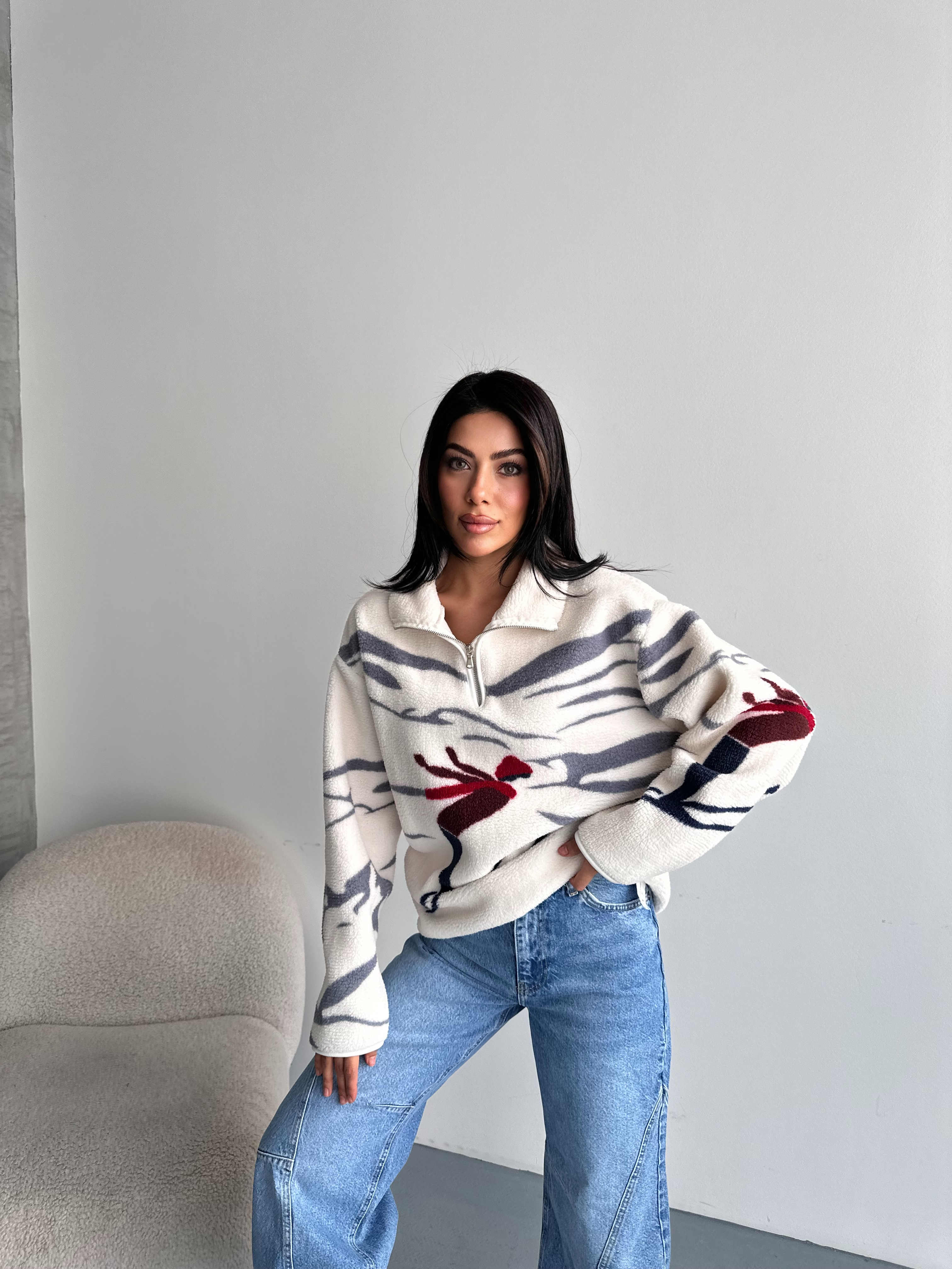 Kayak Desenli Yarım Fermuarlı Polar Sweatshirt