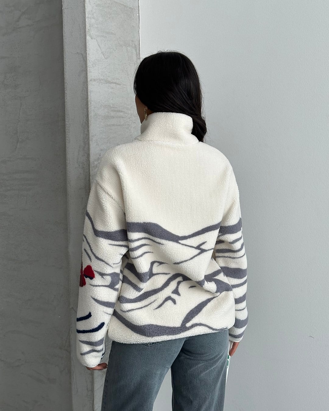 Kayak Desenli Yarım Fermuarlı Polar Sweatshirt