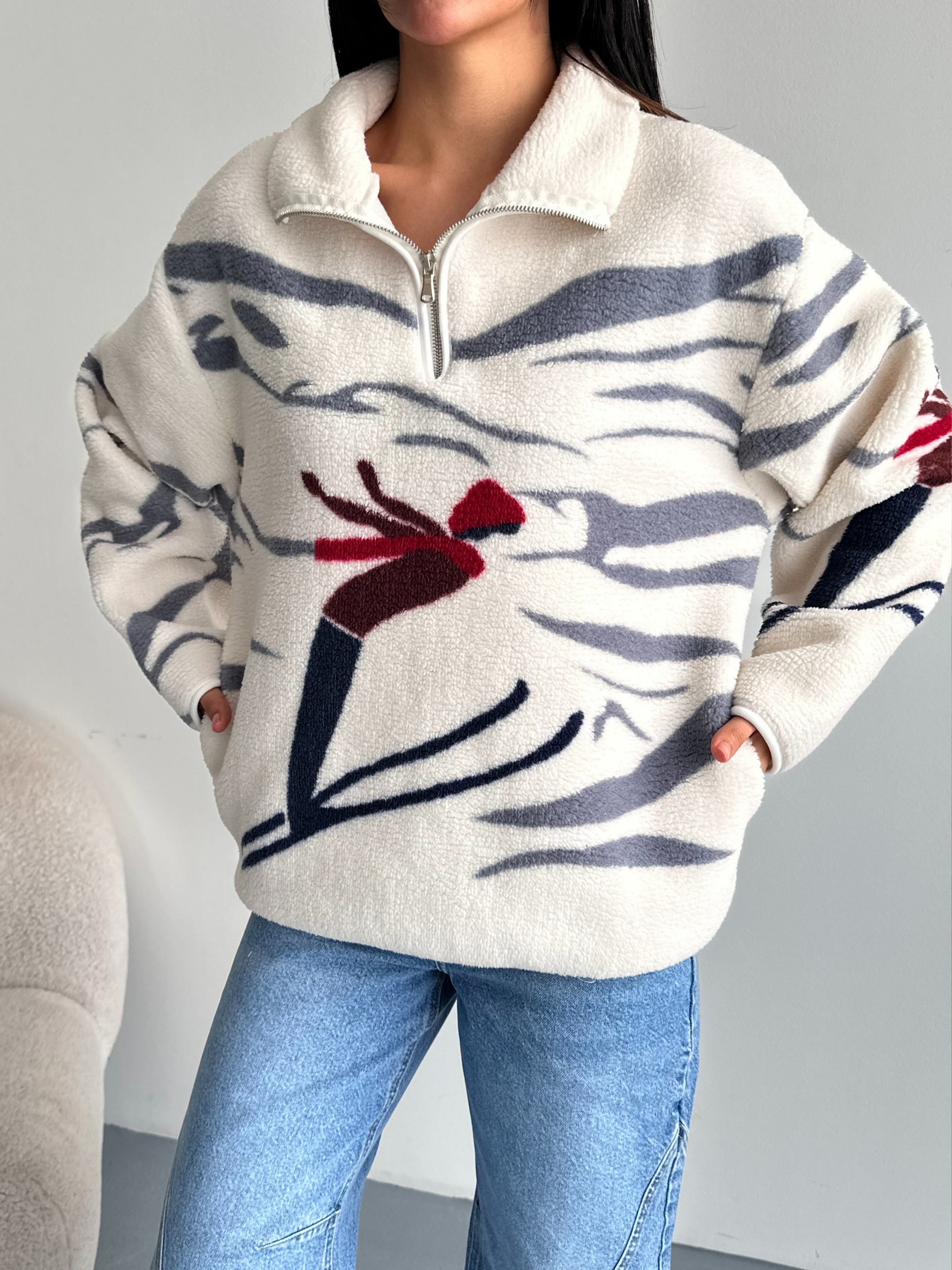 Kayak Desenli Yarım Fermuarlı Polar Sweatshirt