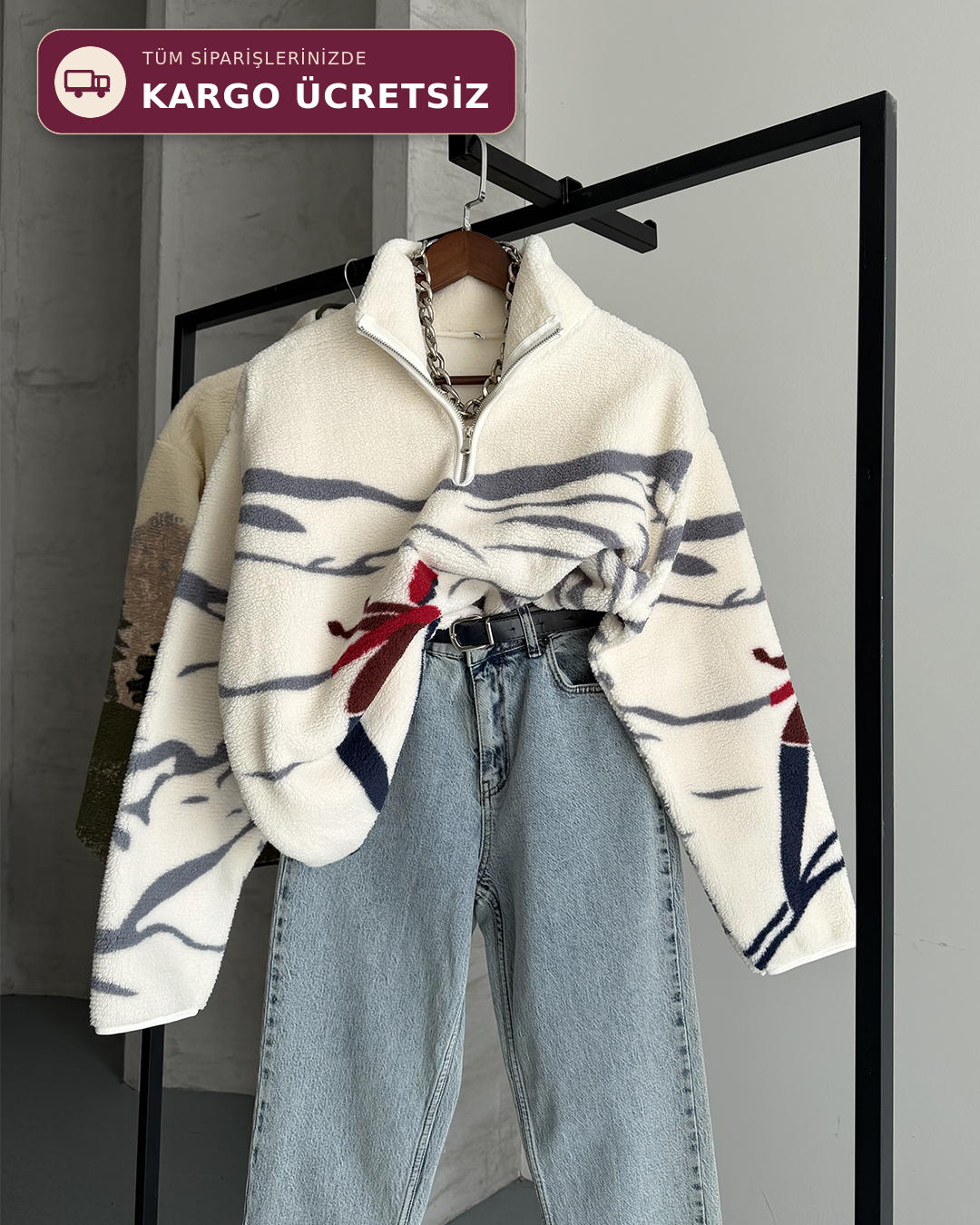 Kayak Desenli Yarım Fermuarlı Polar Sweatshirt