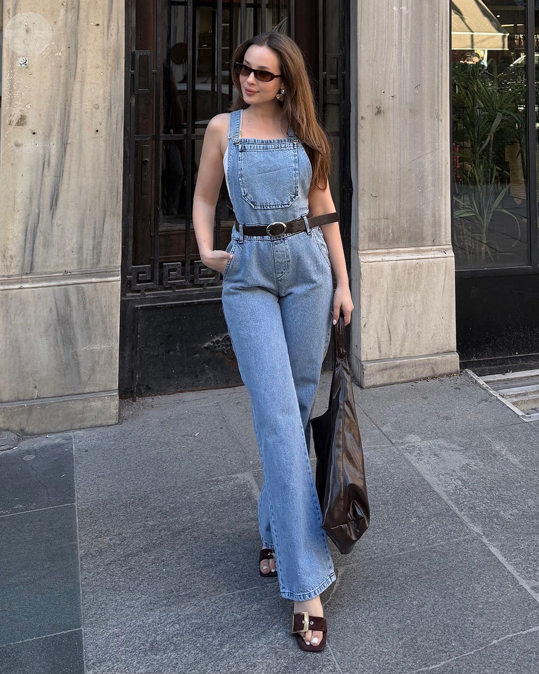 Kemerli Açık Mavi Denim Salopet Tulum