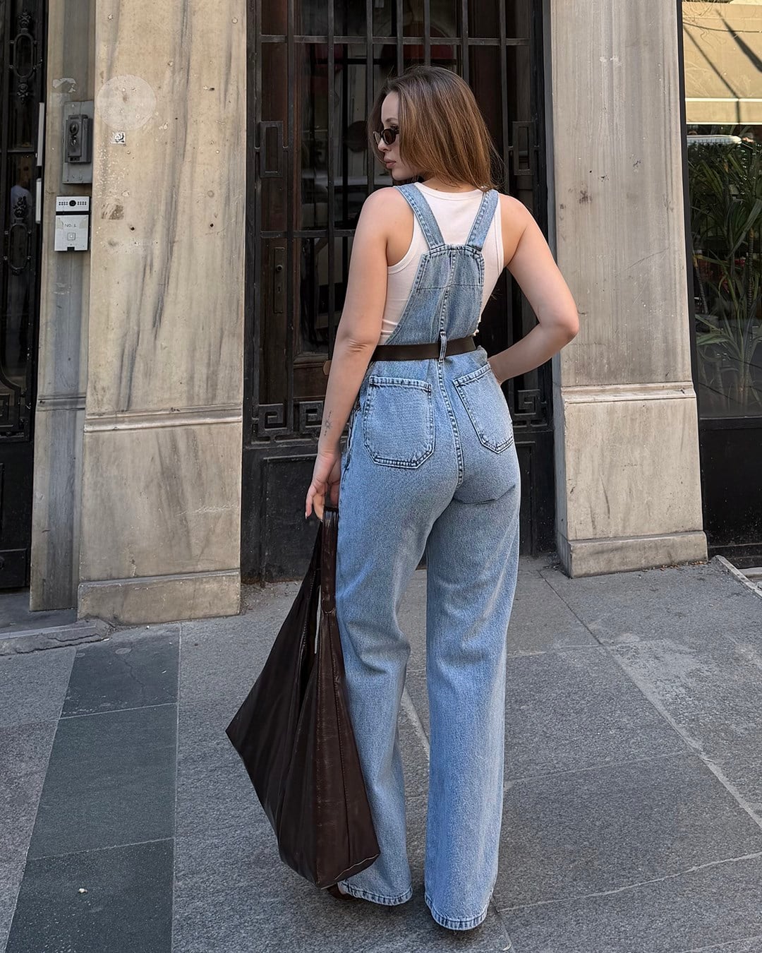 Kemerli Açık Mavi Denim Salopet Tulum