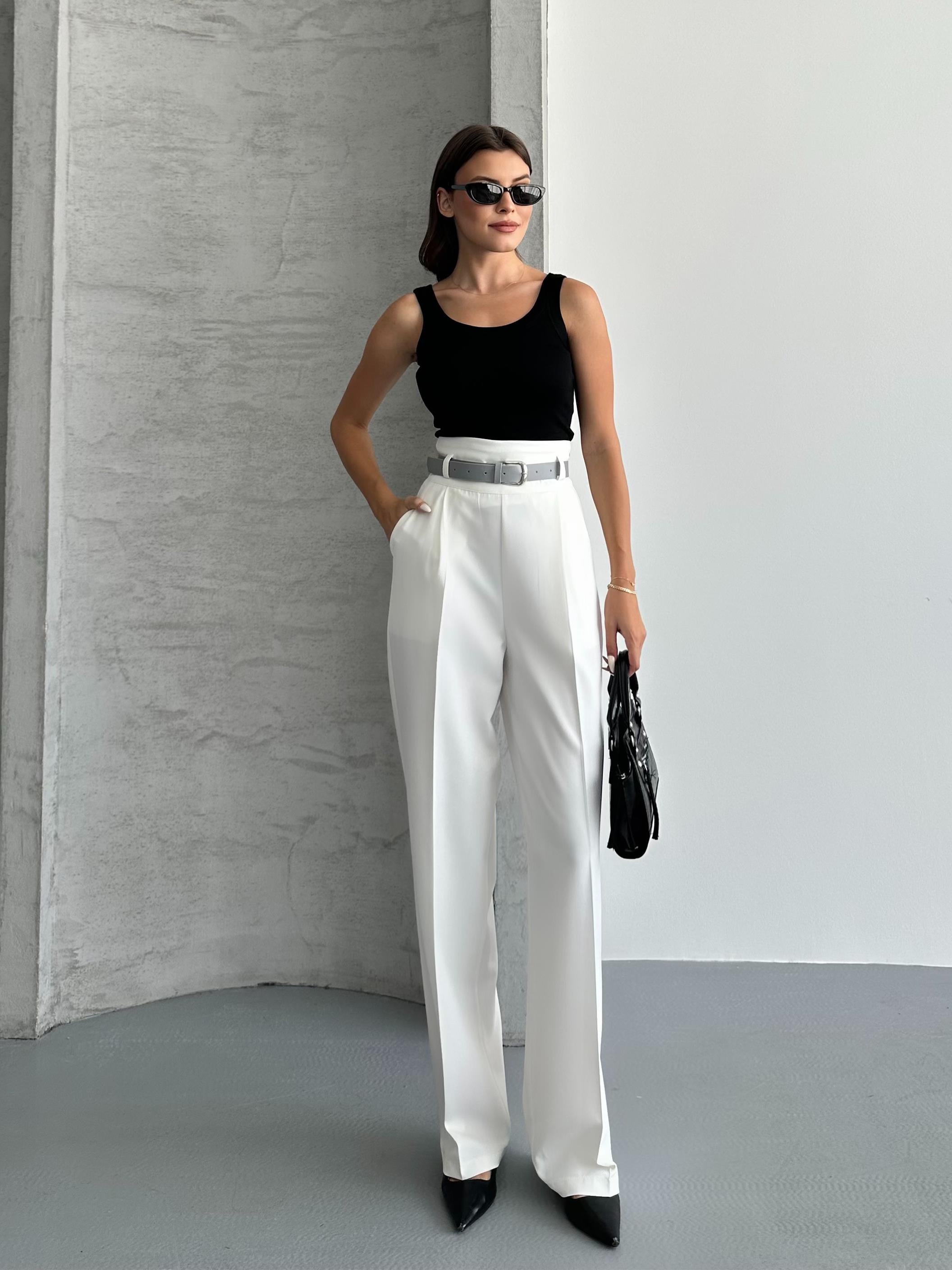 Kemerli Beyaz Palazzo Pantolon