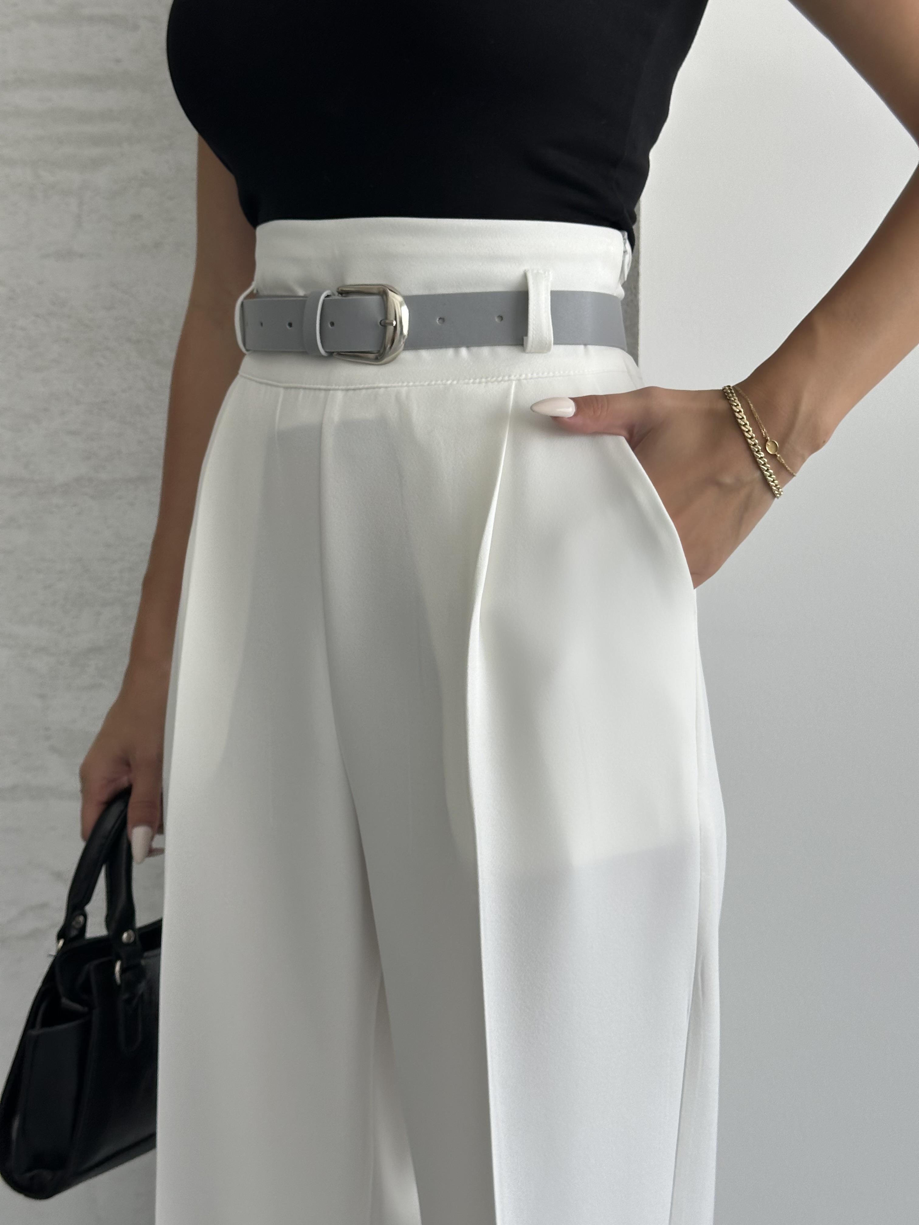 Kemerli Beyaz Palazzo Pantolon