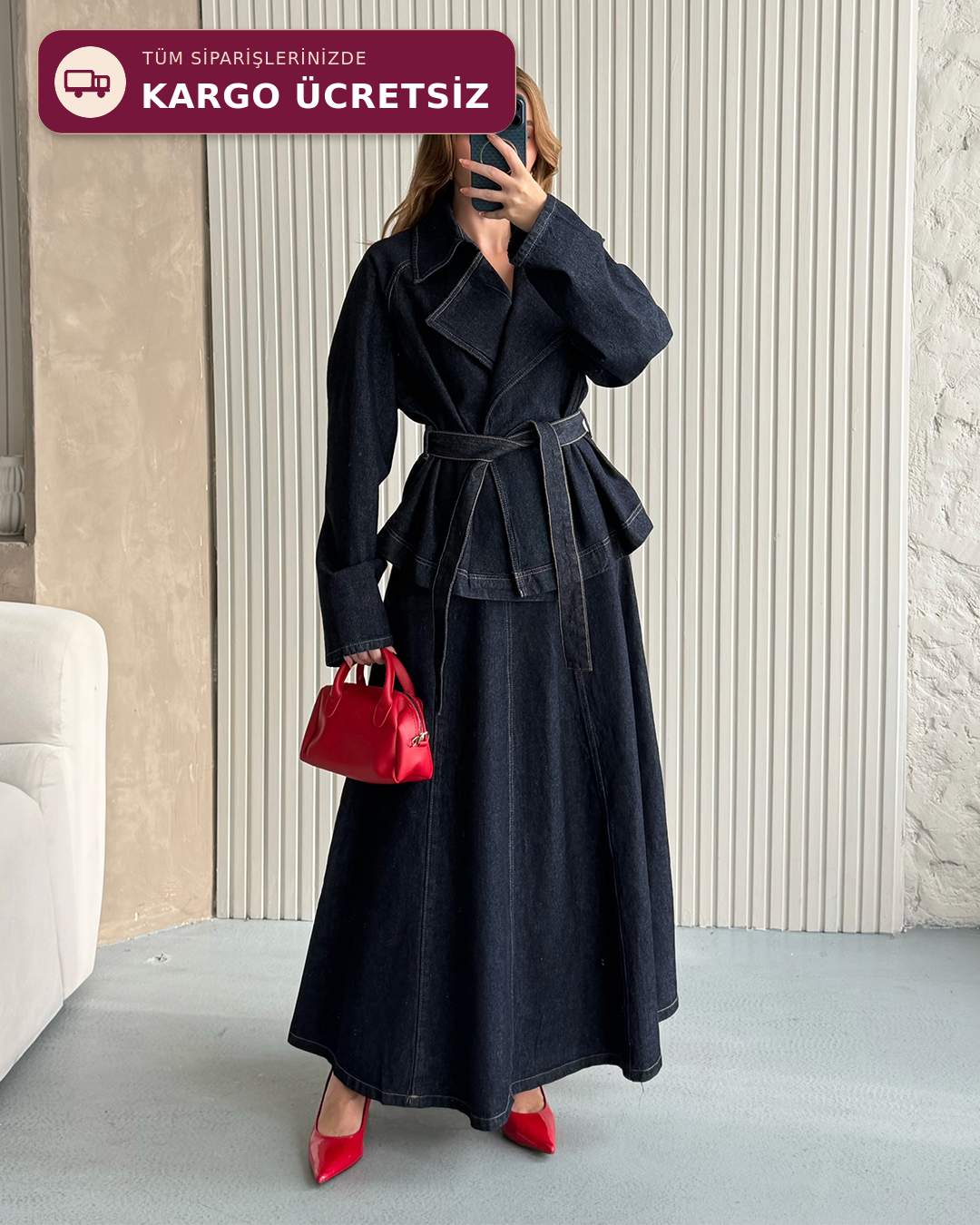 Kemerli Denim Ceket ve Uzun Etek Takımı