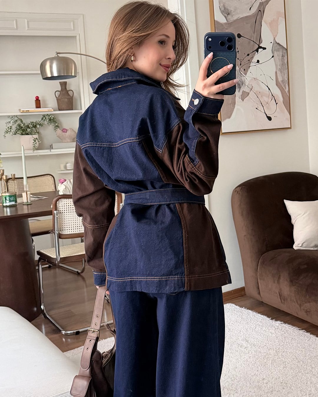 Kemerli Kahverengi Denim Ceket