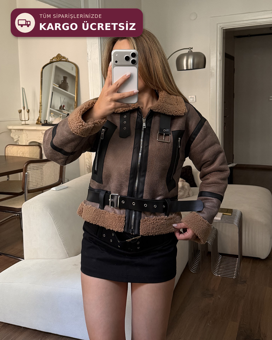 Kemerli Peluş Astarlı Crop Taba Ceket