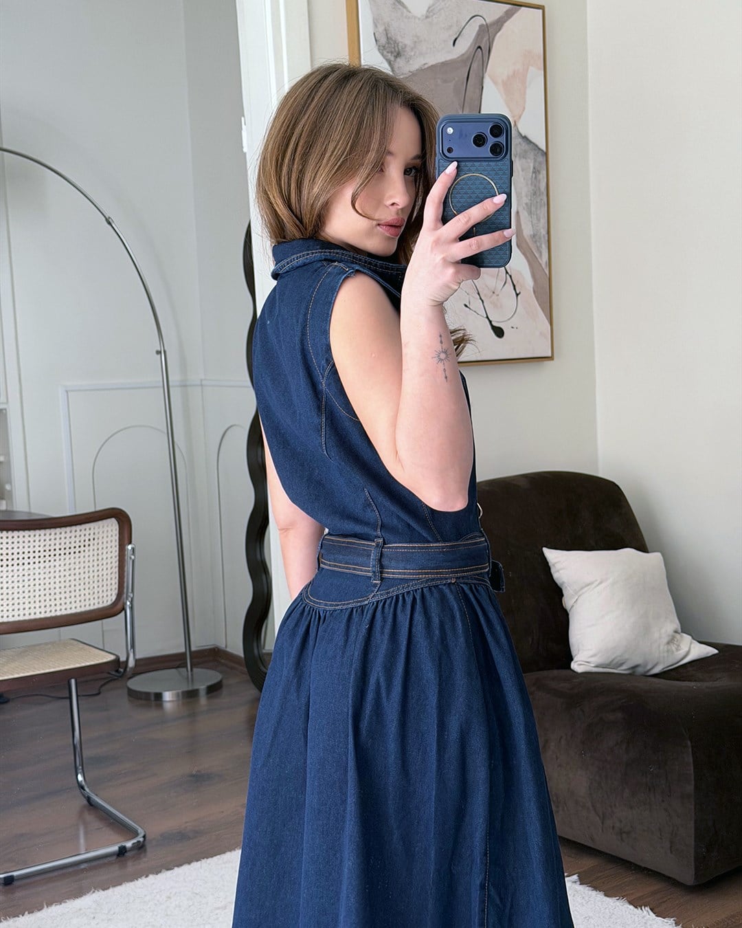 Kemerli Uzun Denim Elbise