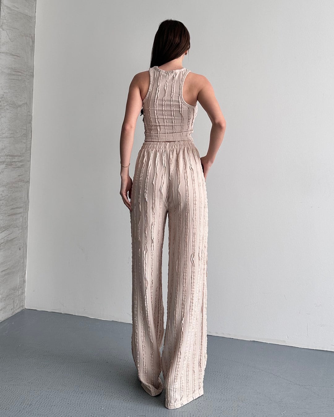Krem Fitilli Crop Bluz Palazzo Pantolon Takım