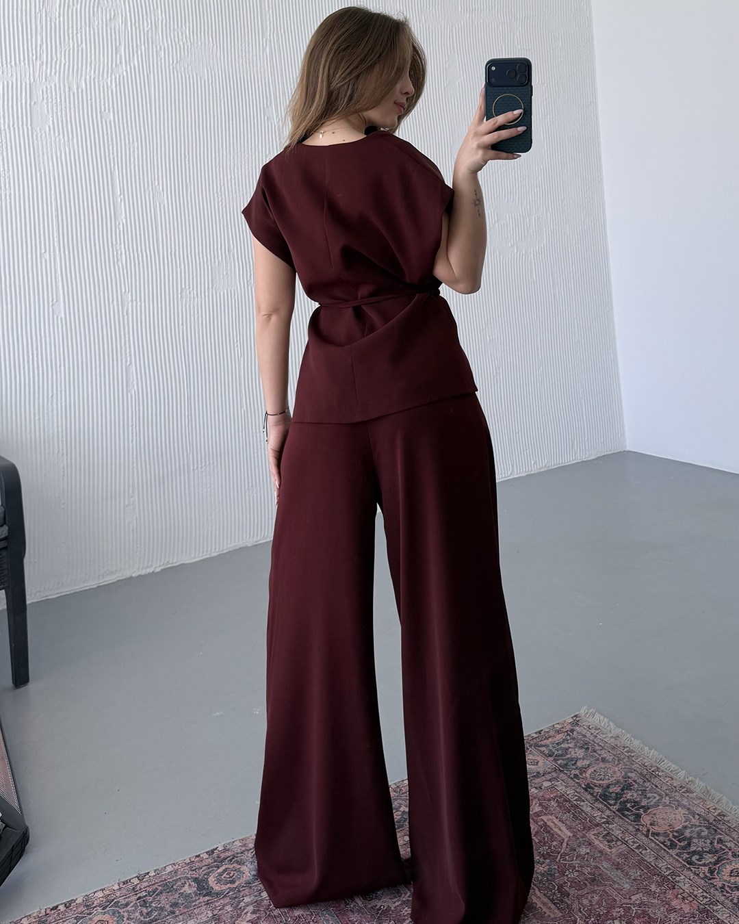 Kruvaze Belden Bağlamalı Bordo Takım