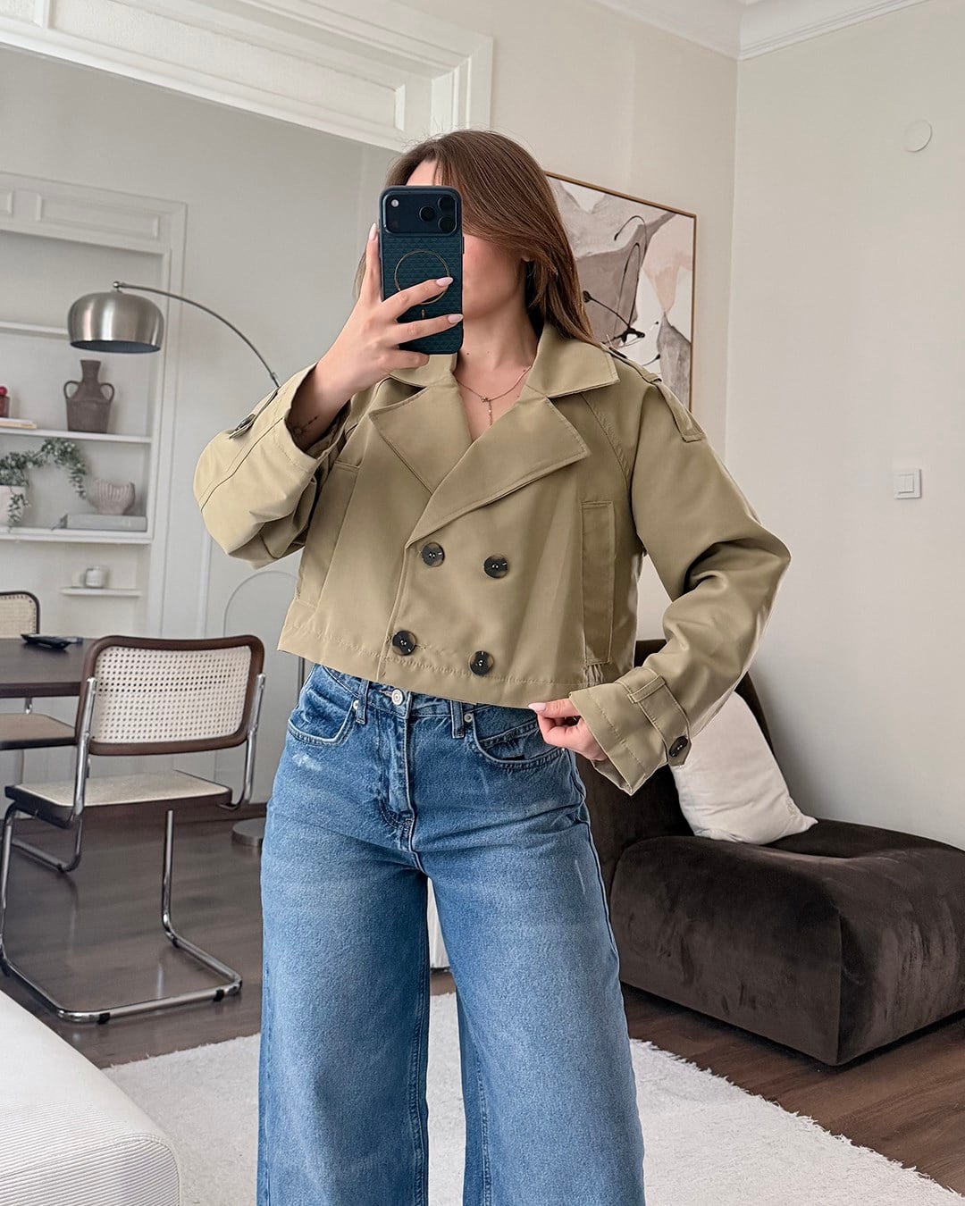 Kruvaze Crop Haki Trençkot