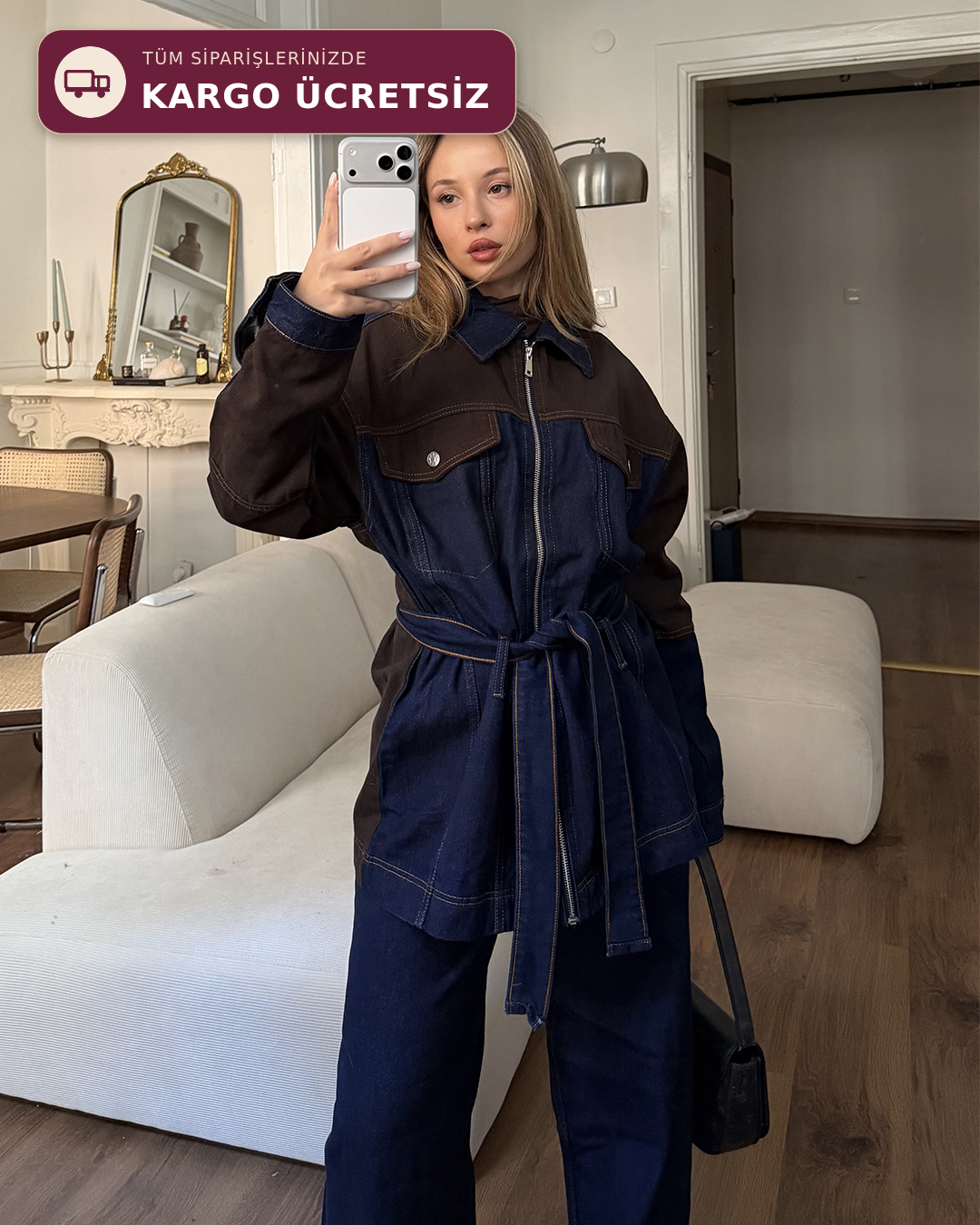 Kuşaklı Kahverengi Parçalı Denim Takım