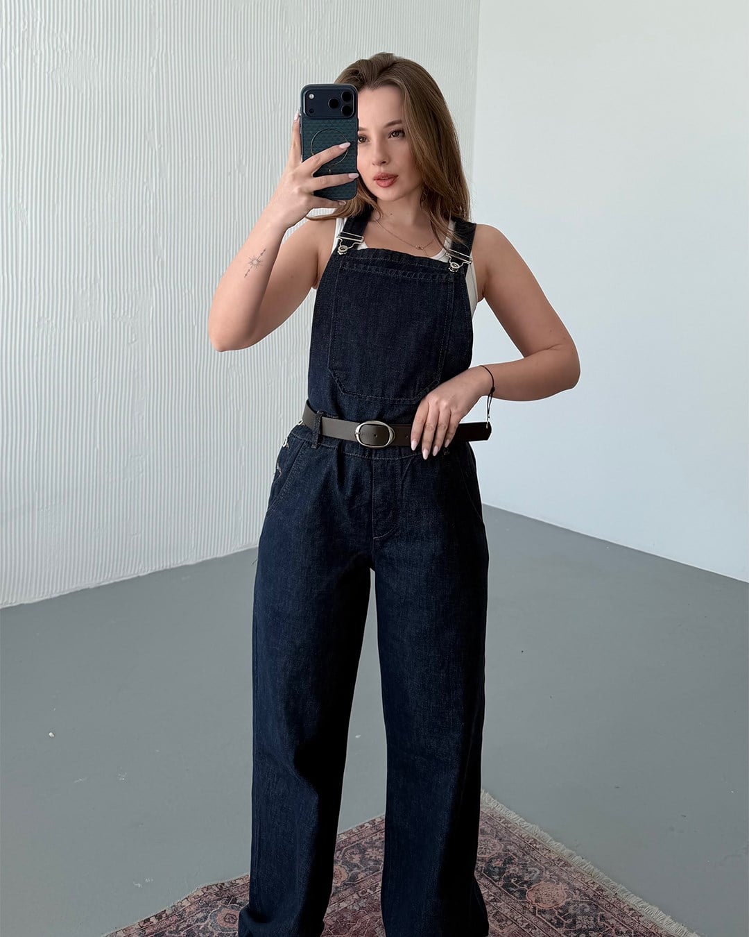 Kemerli Lacivert Denim Salopet Tulum