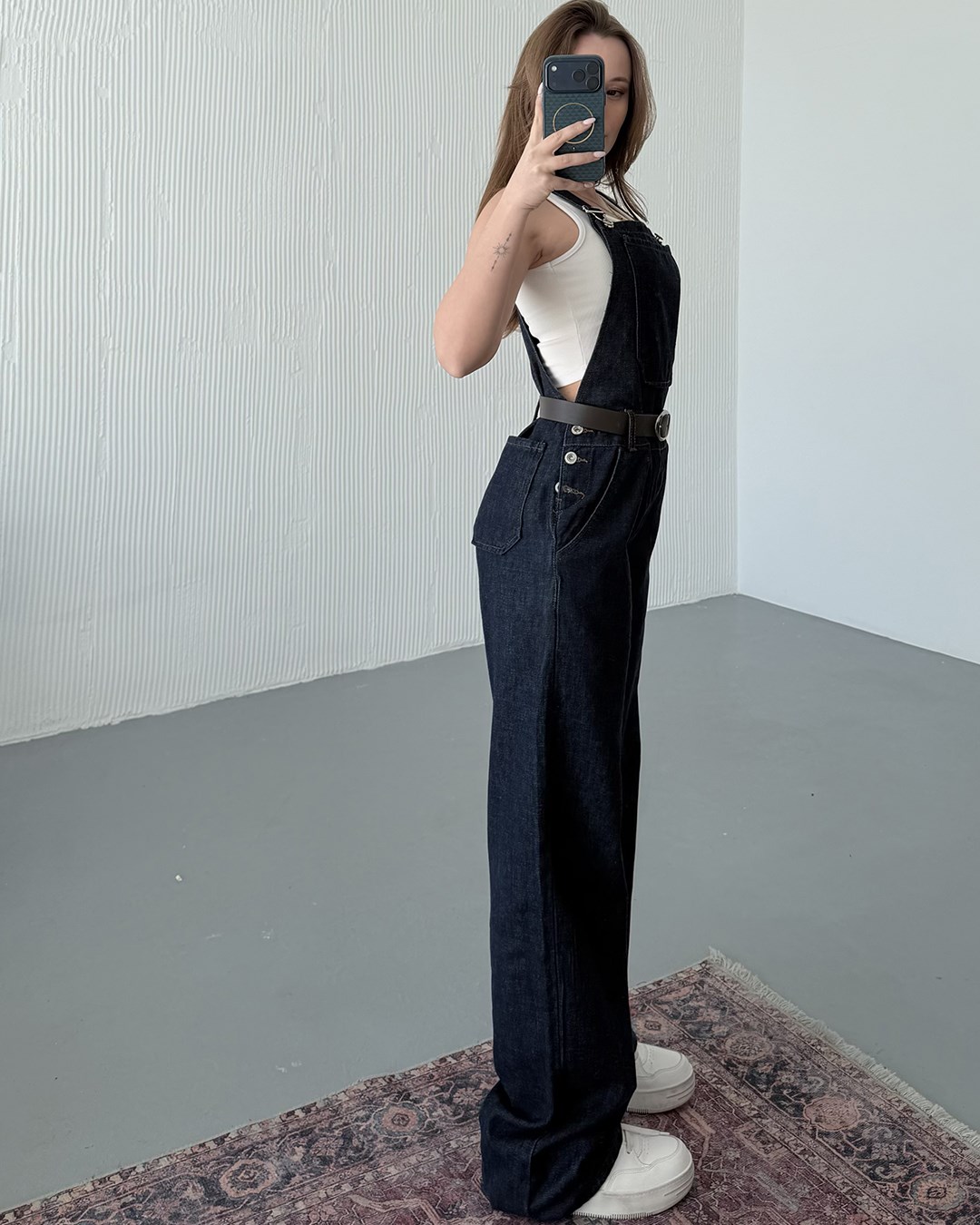 Kemerli Lacivert Denim Salopet Tulum