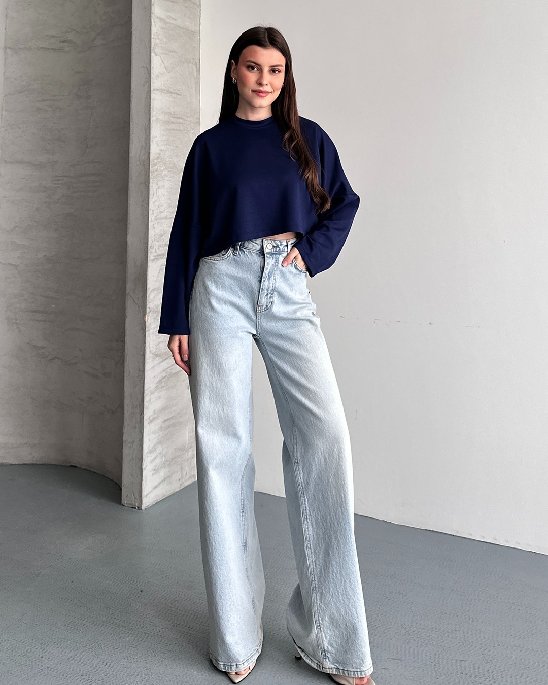 Lacivert Modal Oversize Crop Sweatshirt
