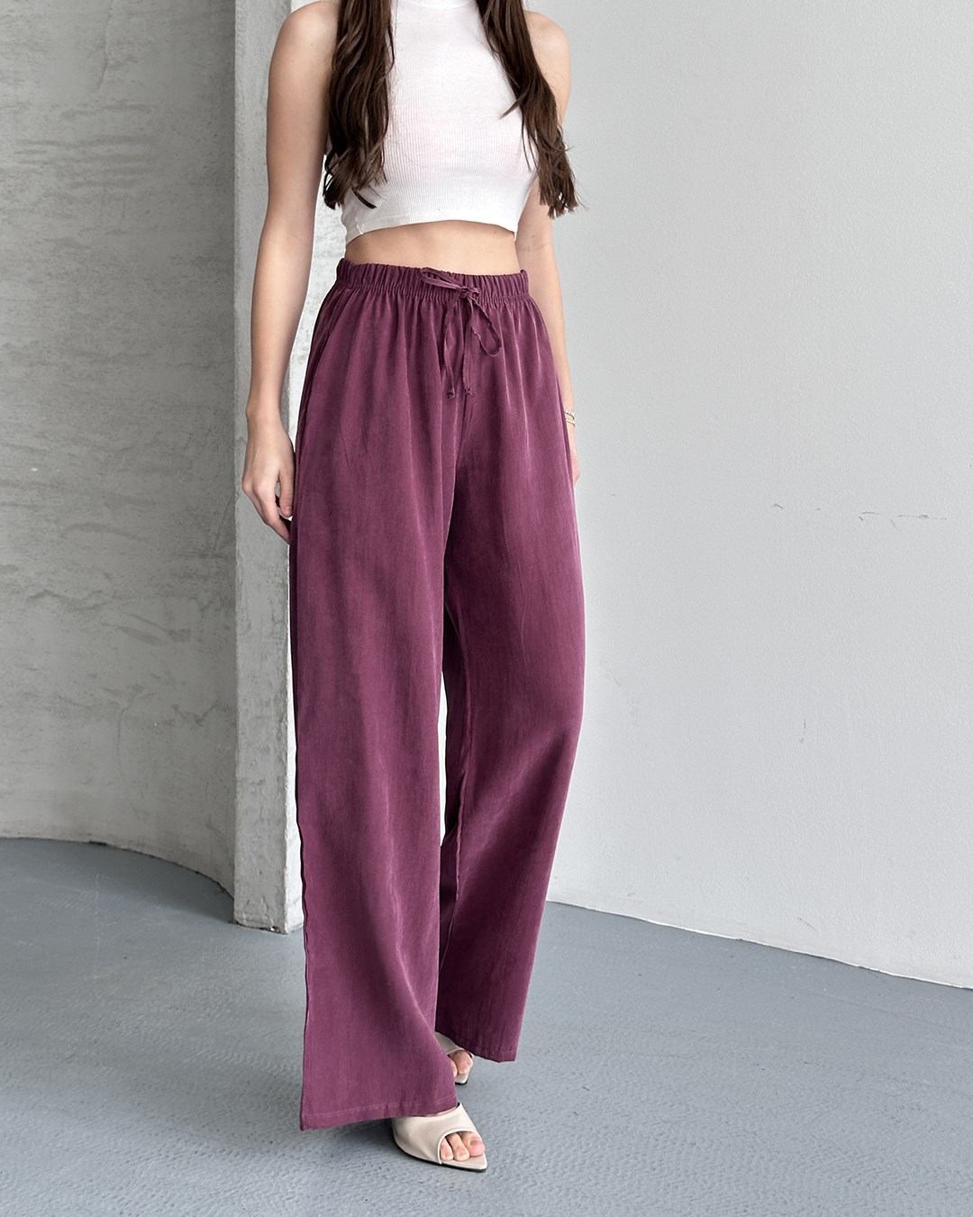 Lastikli Oversize Mürdüm Pantolon