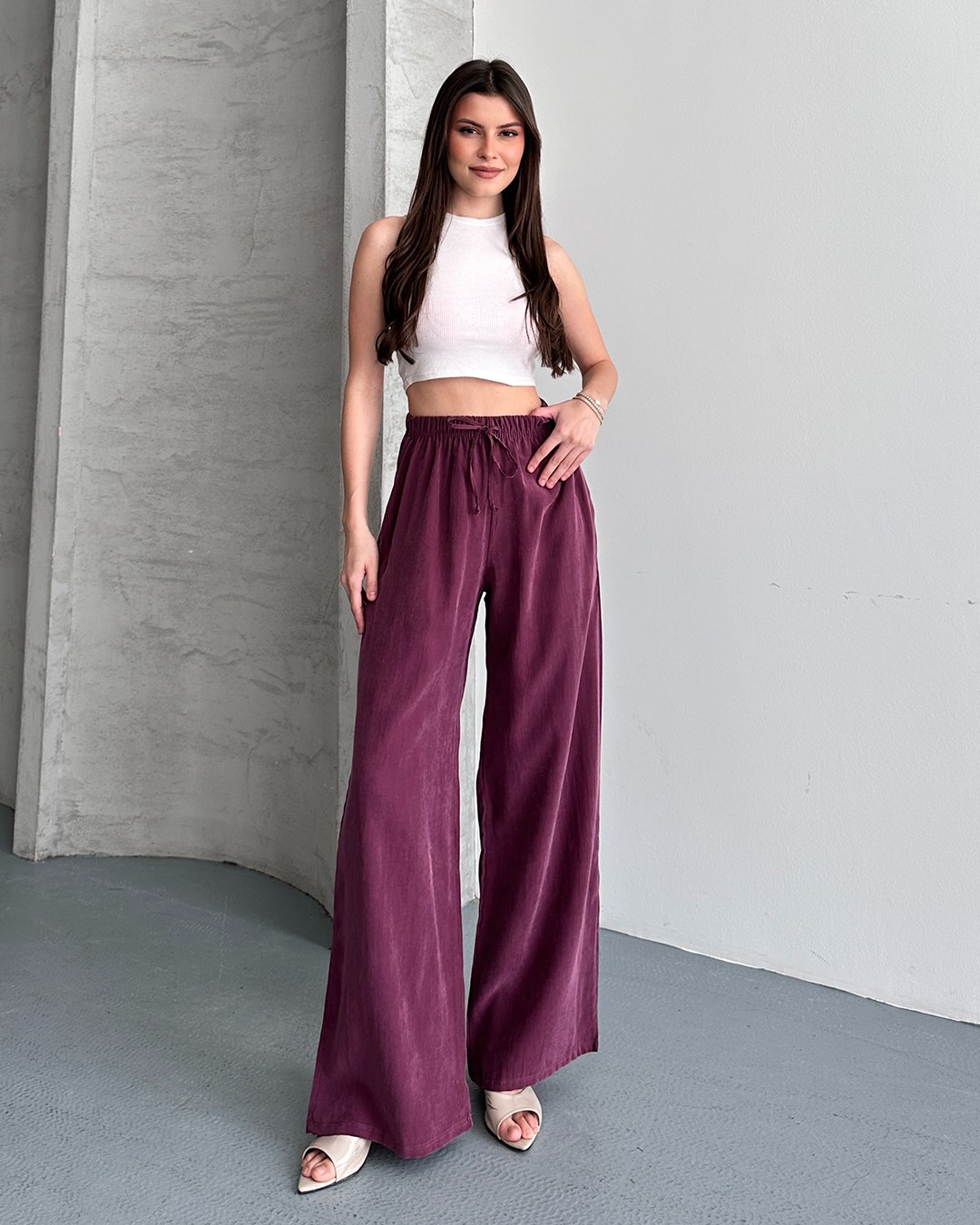 Lastikli Oversize Mürdüm Pantolon
