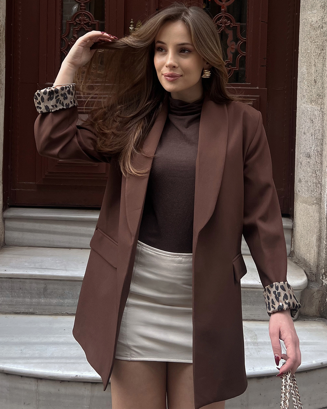 Leopar Astarlı Kahverengi Blazer Ceket