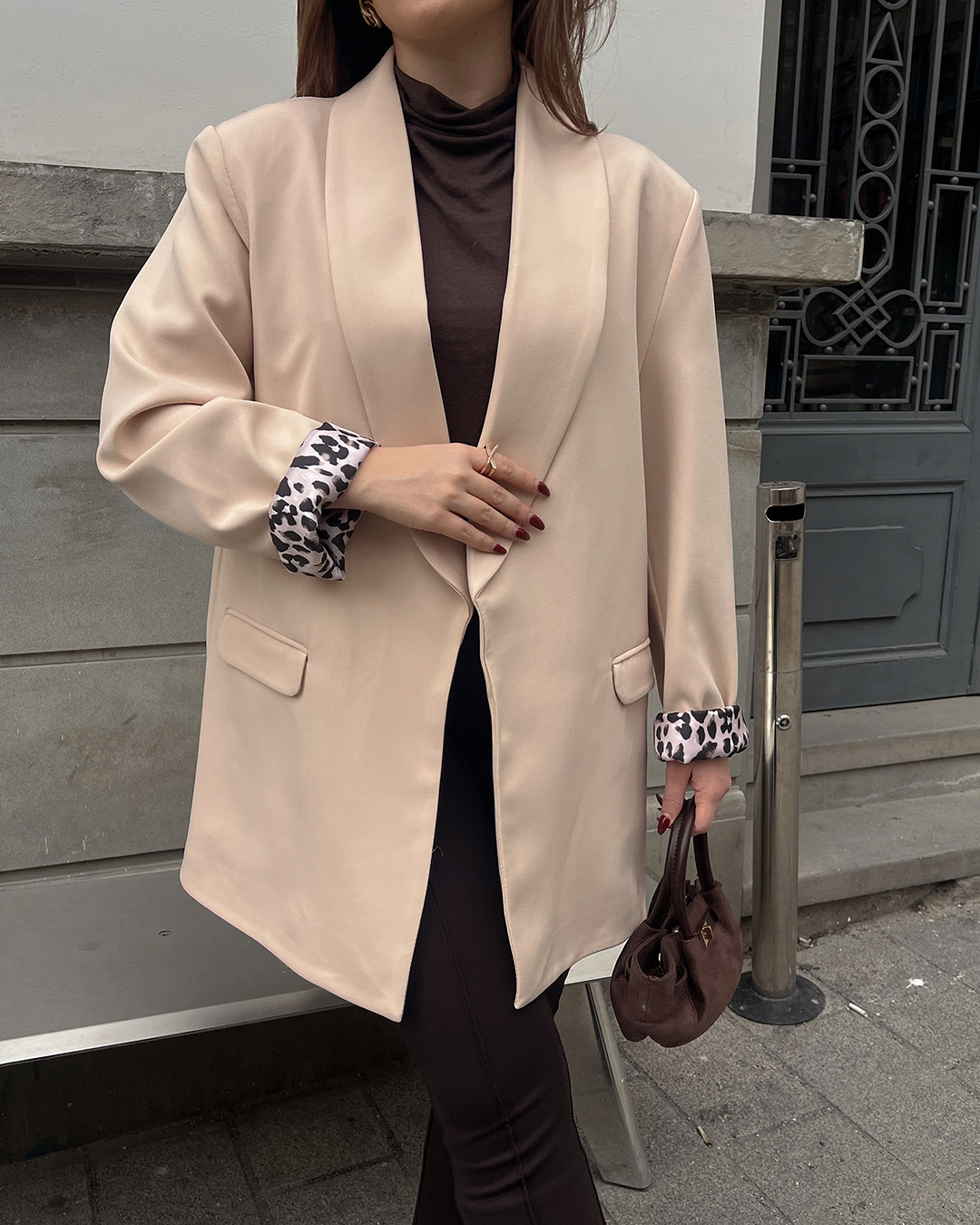 Leopar Astarlı Krem Blazer Ceket