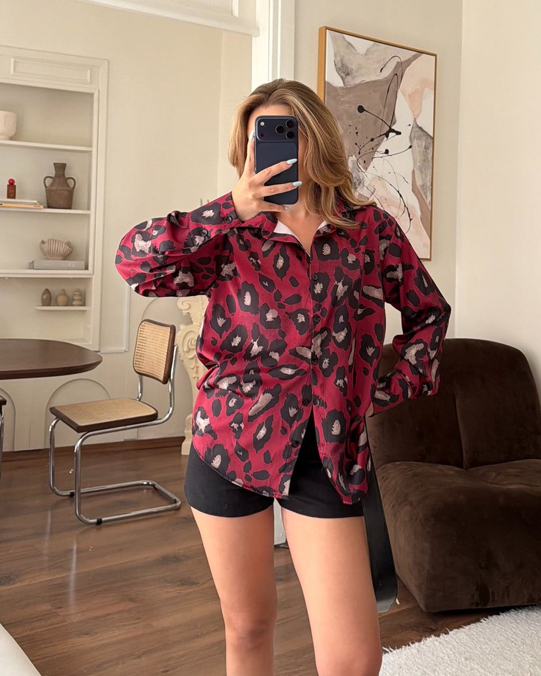Leopar Desenli Bordo Saten Gömlek