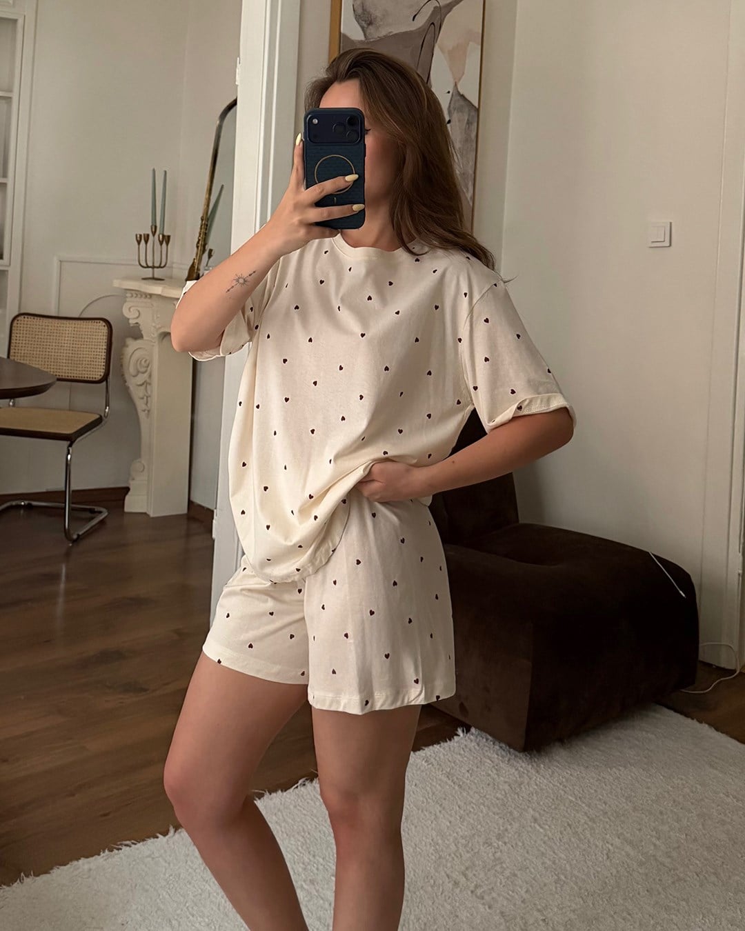 Love Mini Kalp Desenli Şortlu Pijama Takımı