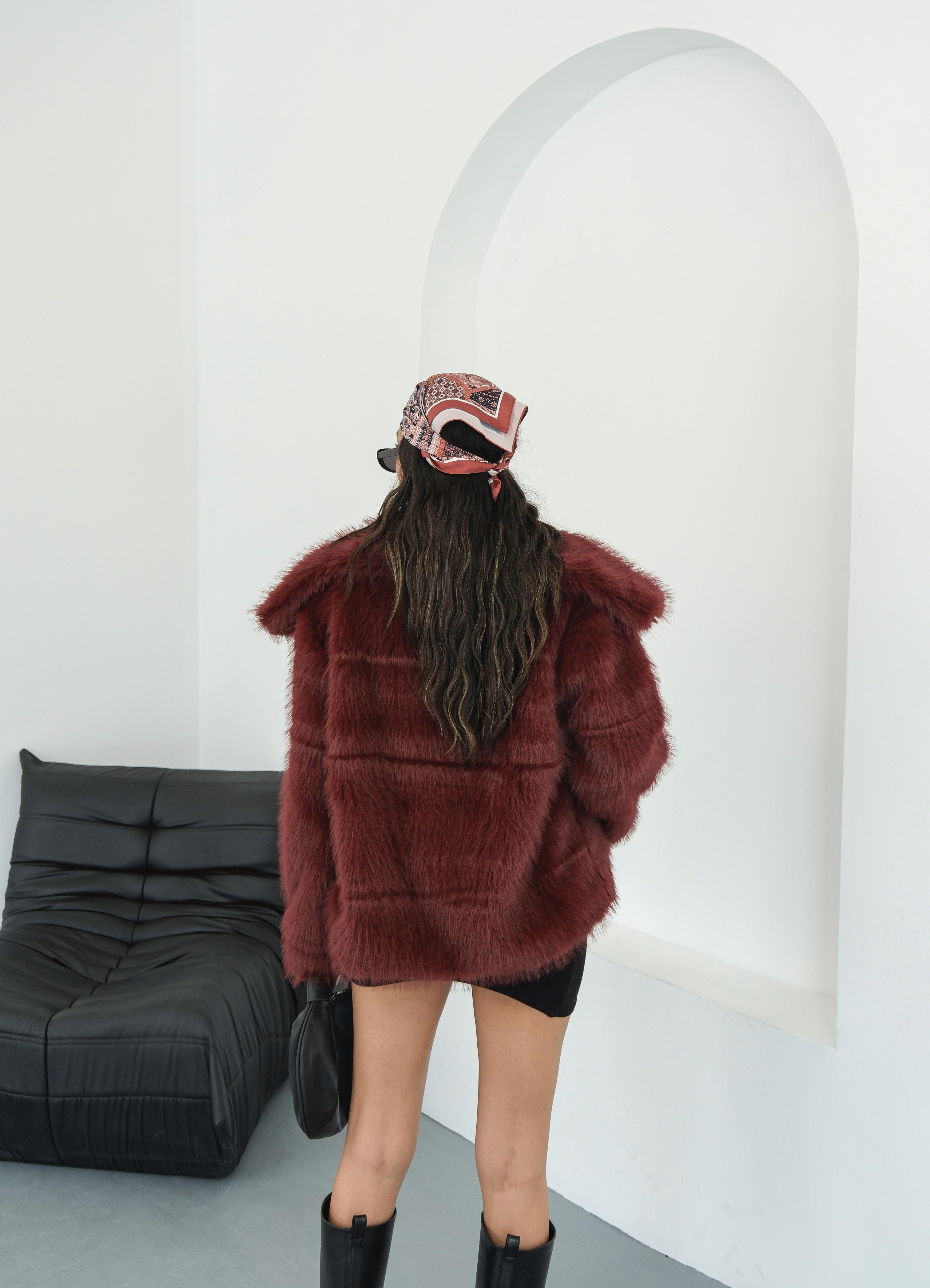 Luna Bordo Oversize Kürk Ceket