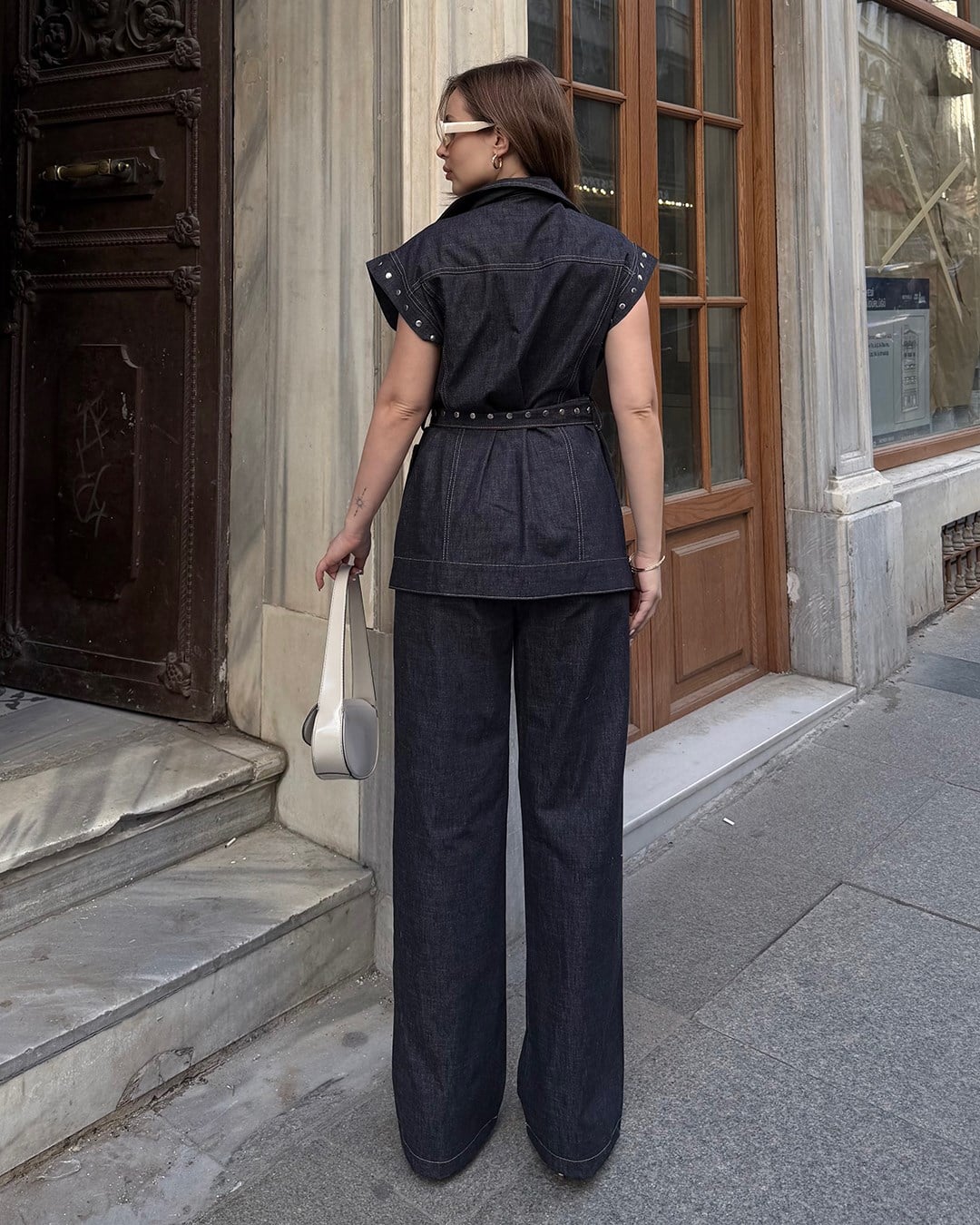 Luxe Denim Dokulu Lacivert Yelek Pantolon Takım
