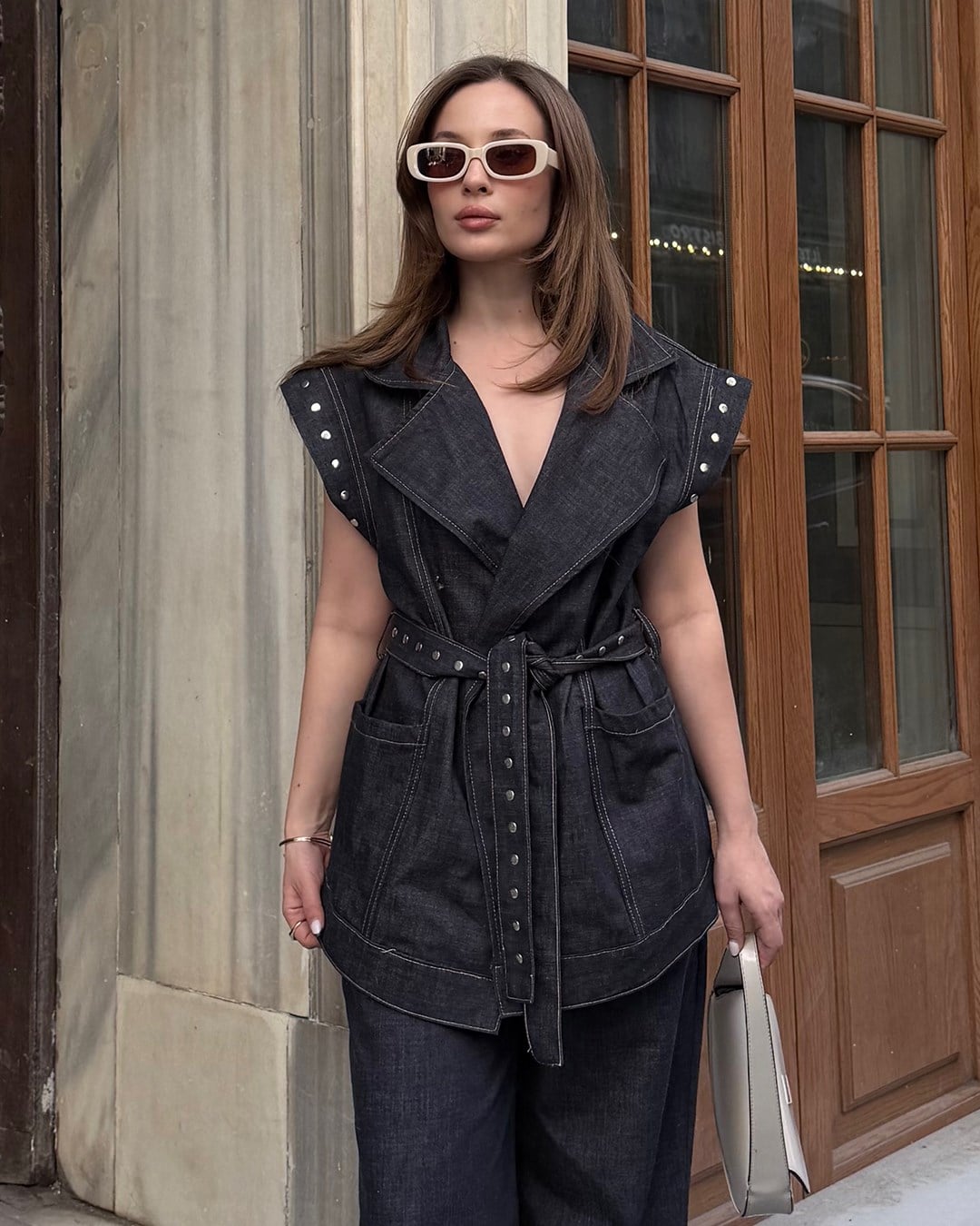 Luxe Denim Dokulu Lacivert Yelek Pantolon Takım
