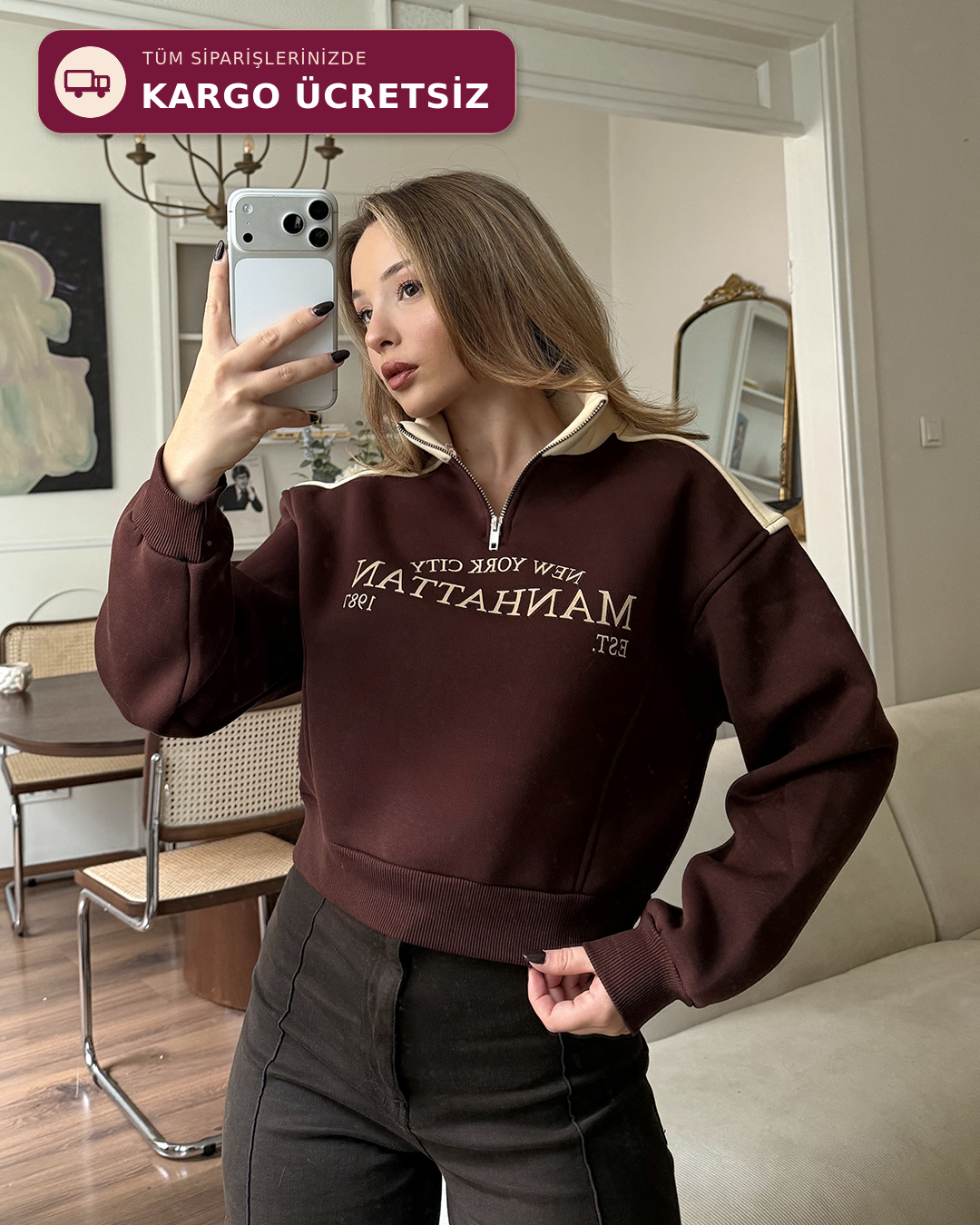 Manhattan Yarım Fermuarlı Crop Kahverengi Sweatshirt