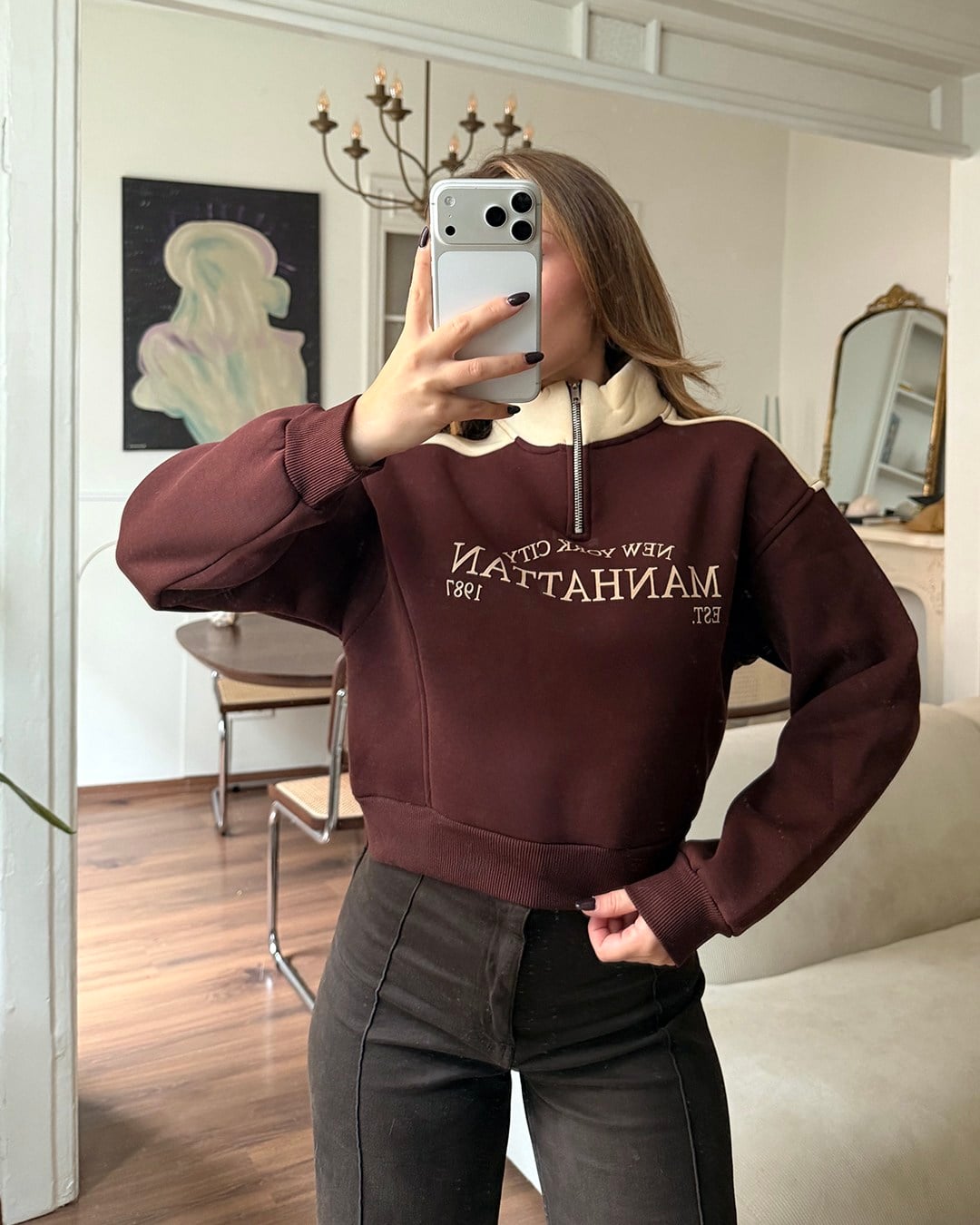 Manhattan Yarım Fermuarlı Crop Kahverengi Sweatshirt
