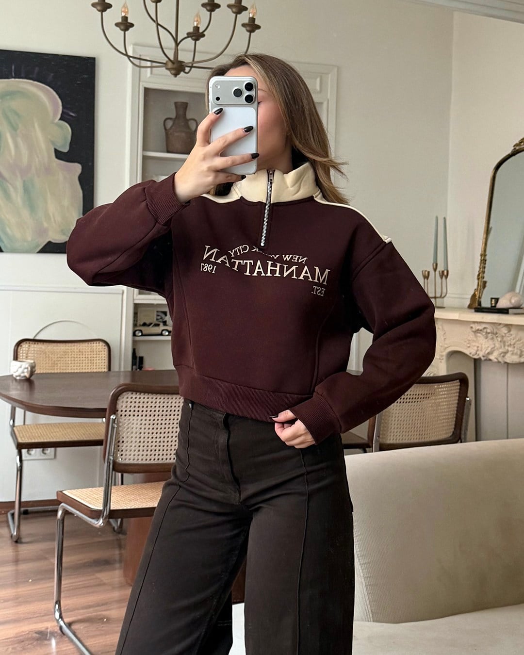 Manhattan Yarım Fermuarlı Crop Kahverengi Sweatshirt