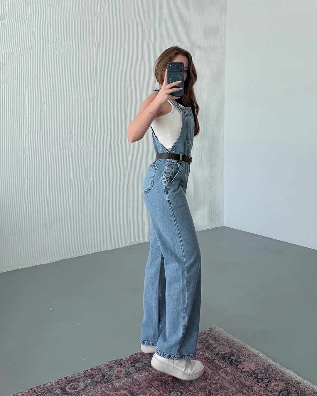 Kemerli Açık Mavi Denim Salopet Tulum