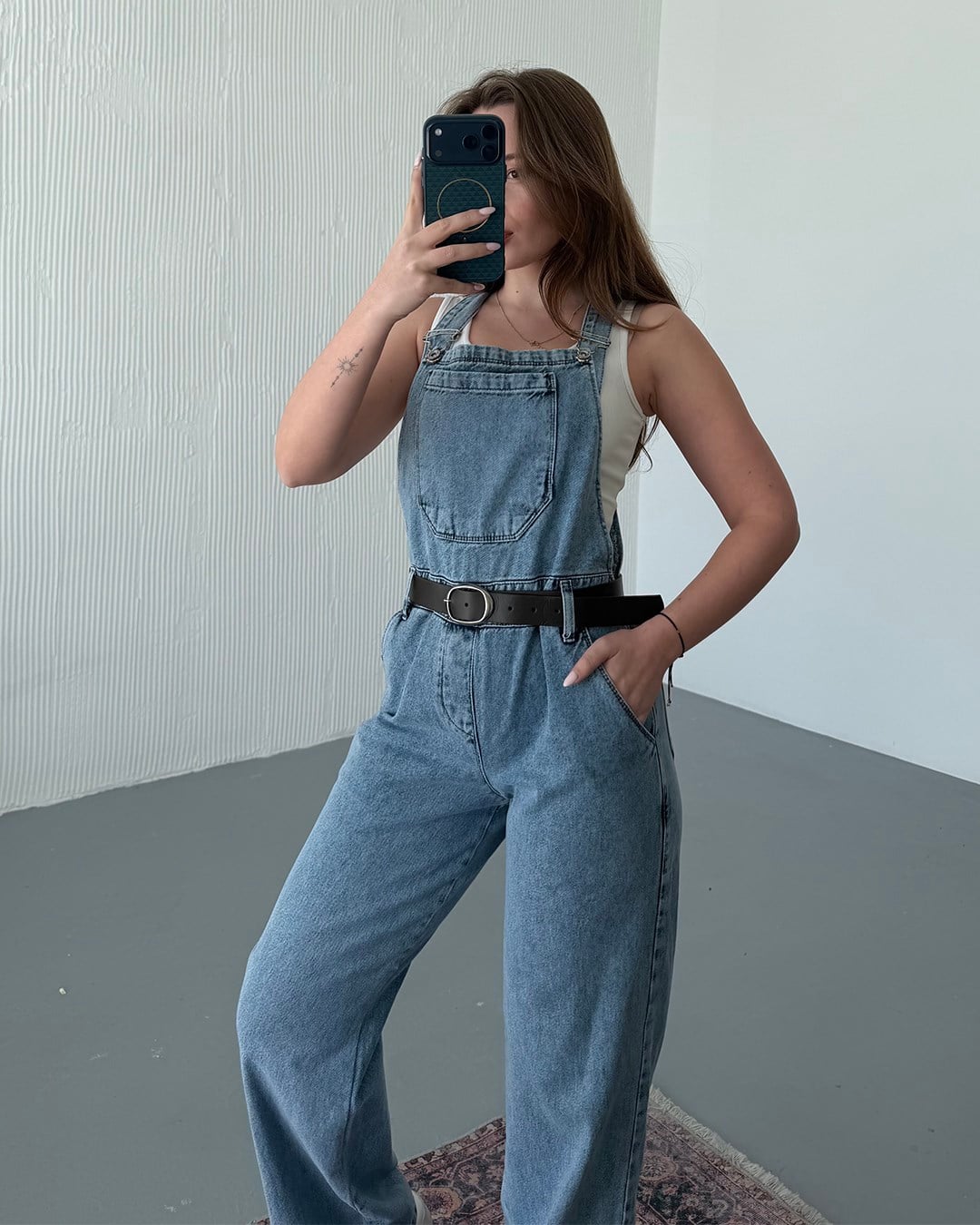 Kemerli Açık Mavi Denim Salopet Tulum