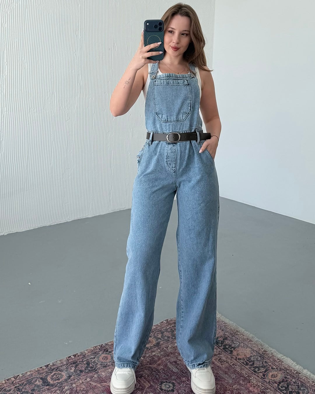 Kemerli Açık Mavi Denim Salopet Tulum