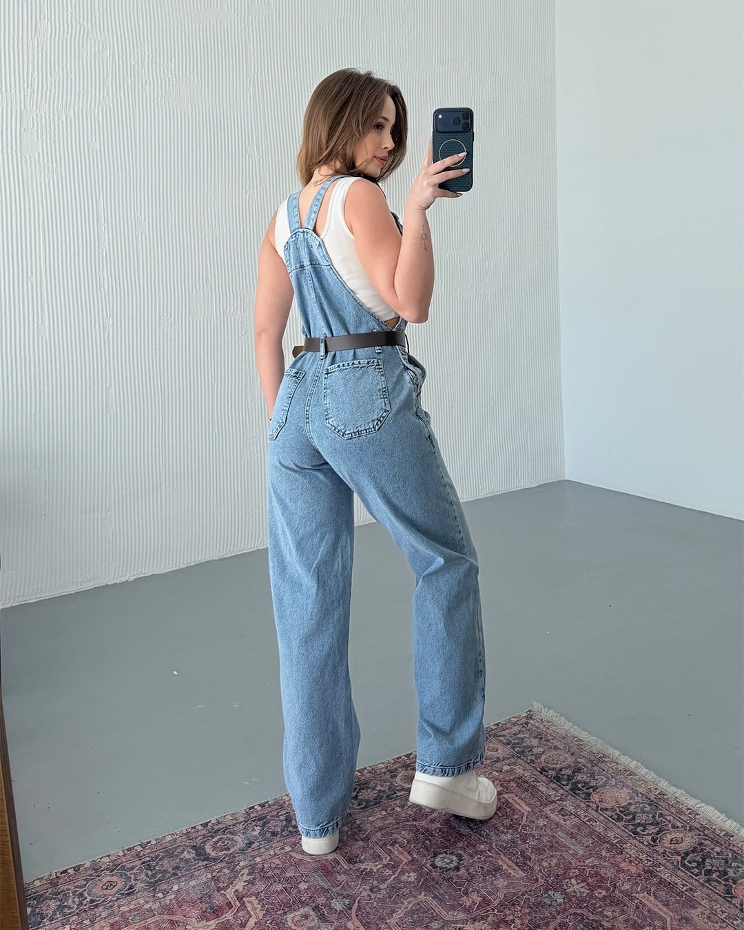 Kemerli Açık Mavi Denim Salopet Tulum