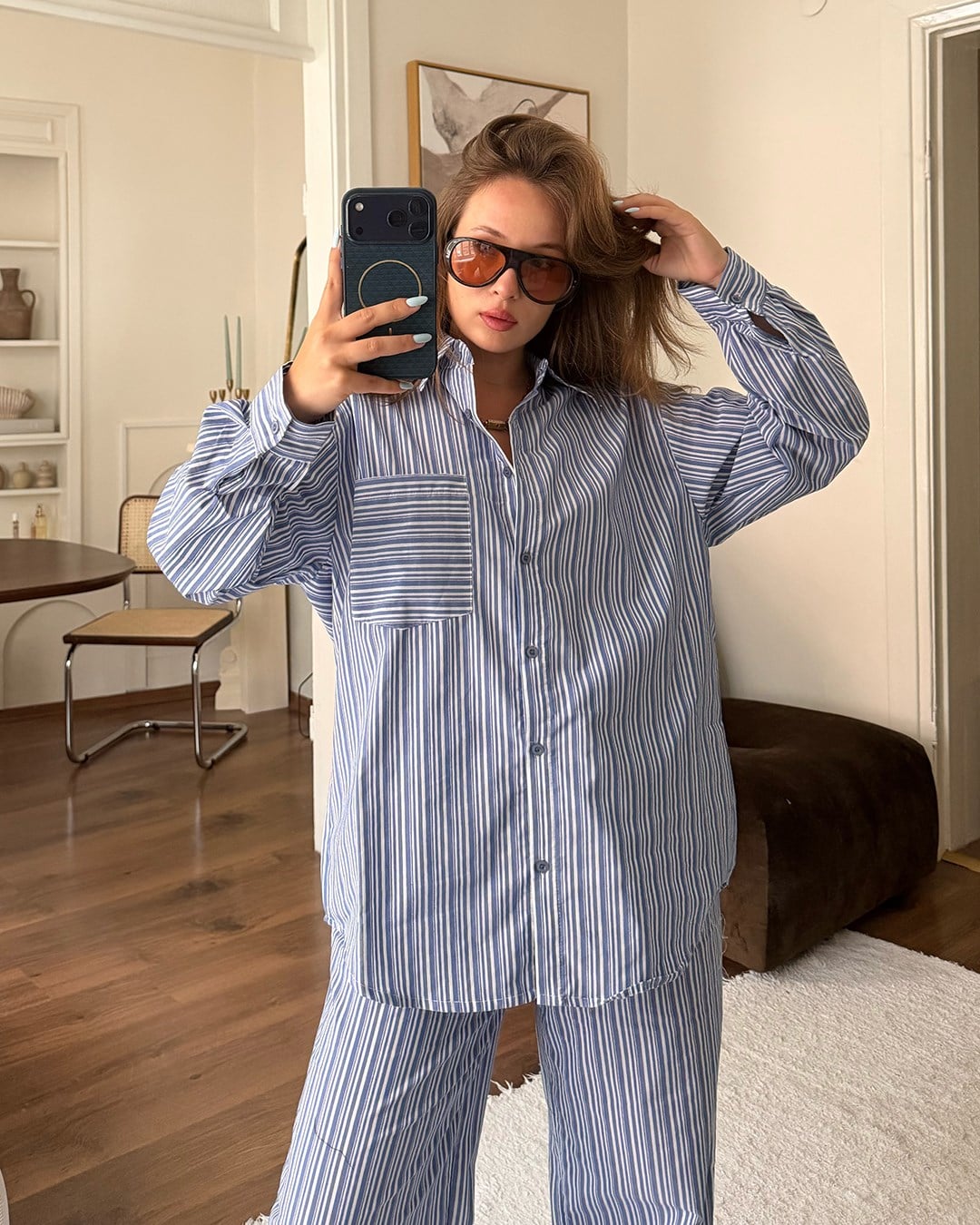 Mavi Çizgili Oversize Gömlek Pantolon Takım