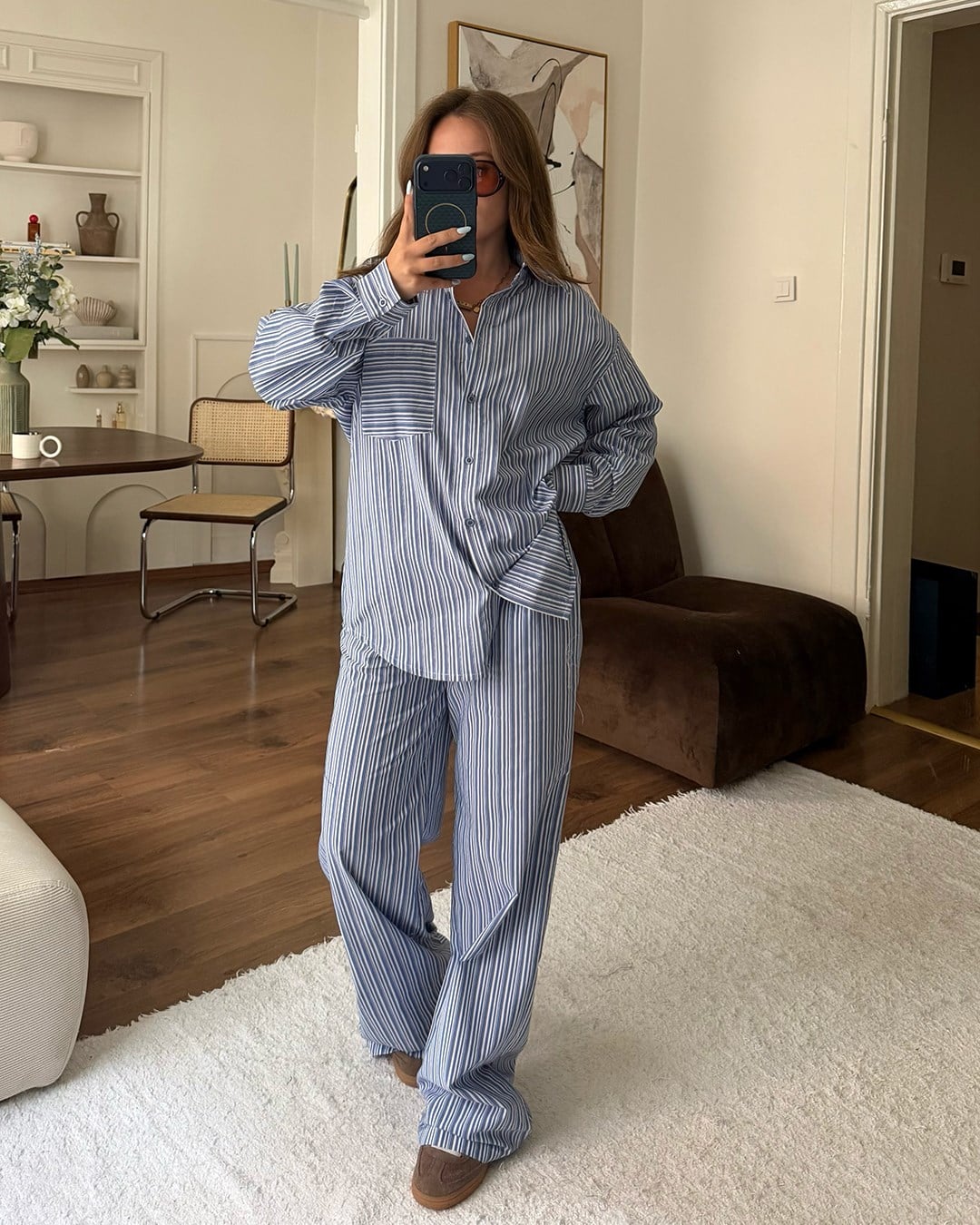 Mavi Çizgili Oversize Gömlek Pantolon Takım