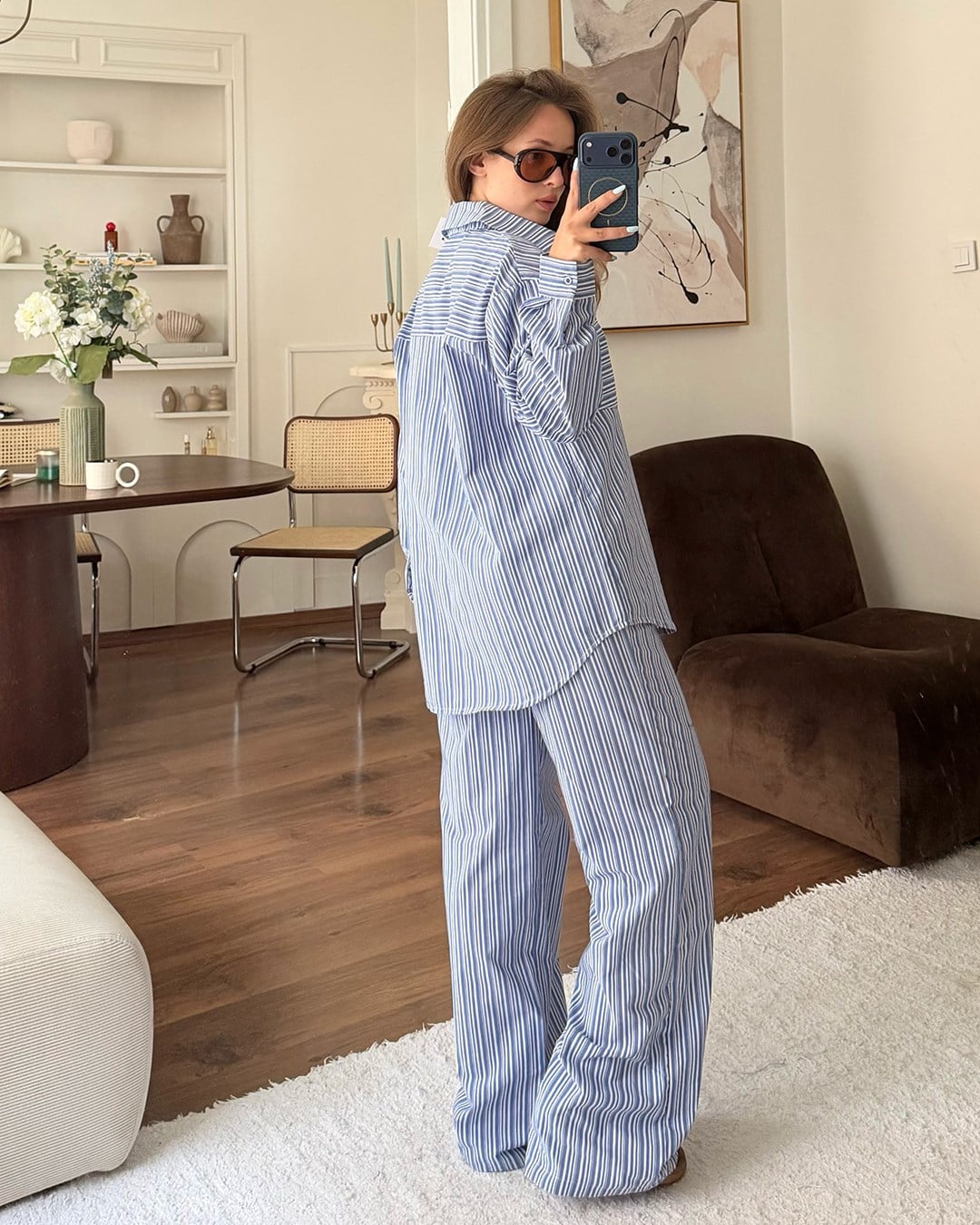 Mavi Çizgili Oversize Gömlek Pantolon Takım