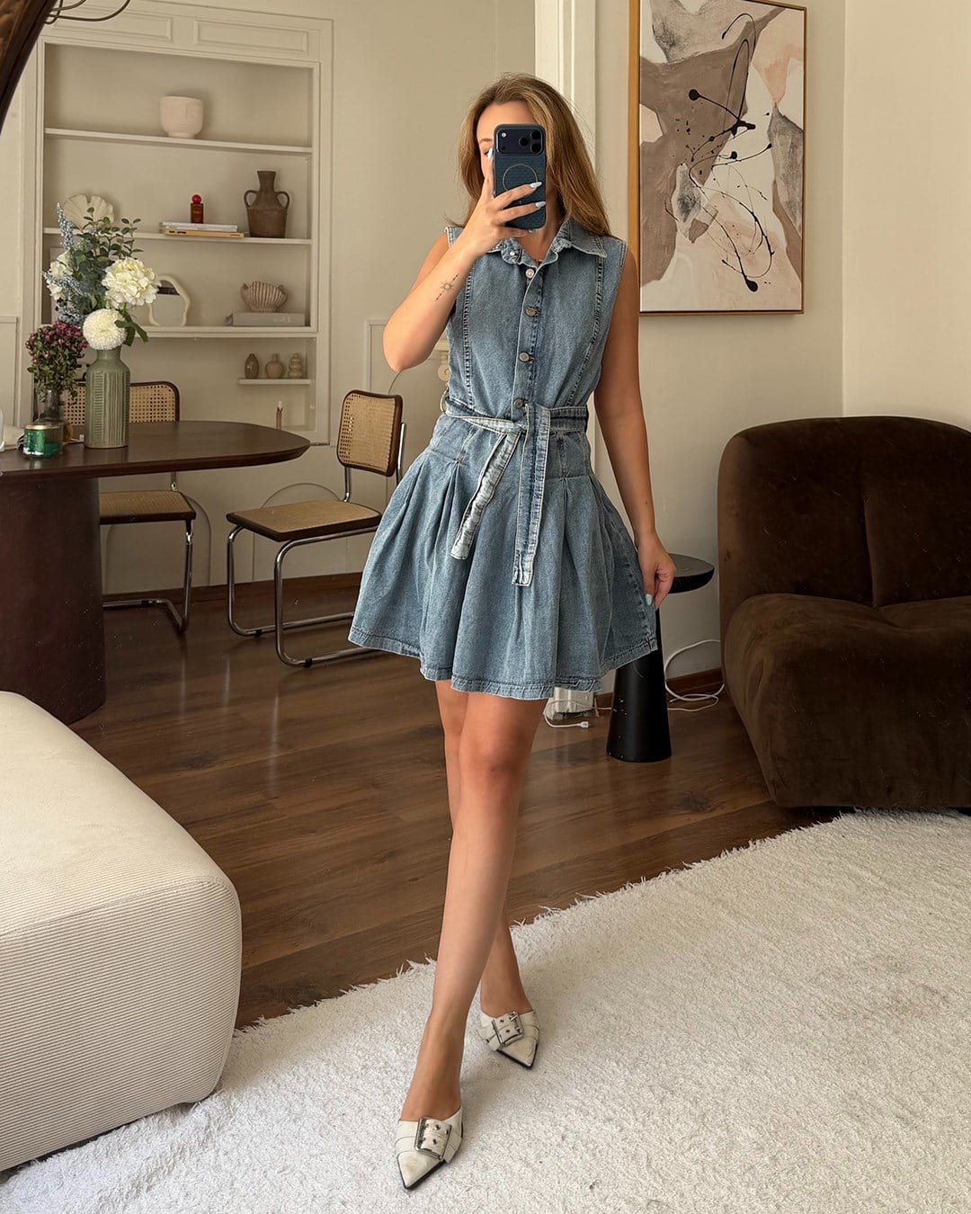 Mavi Düğme Kapamalı Denim Elbise