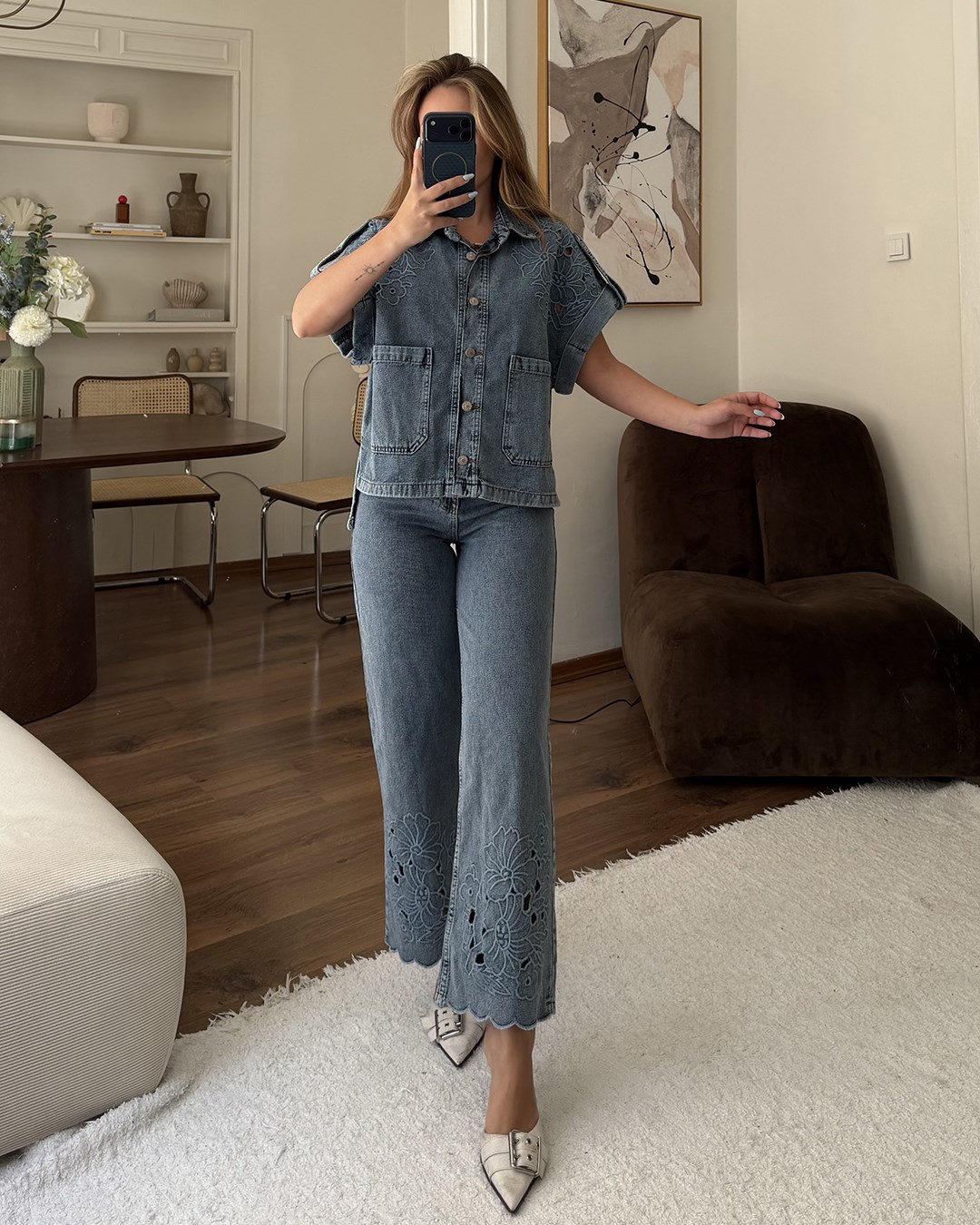 Mavi Güpür Nakışlı Denim İkili Takım