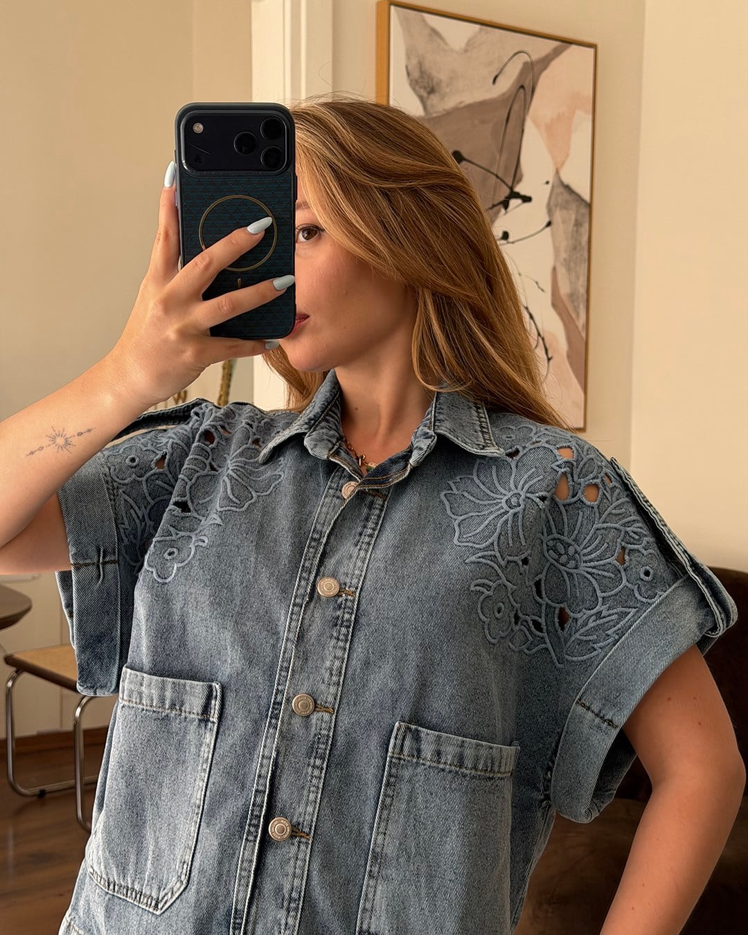 Mavi Güpür Nakışlı Denim İkili Takım